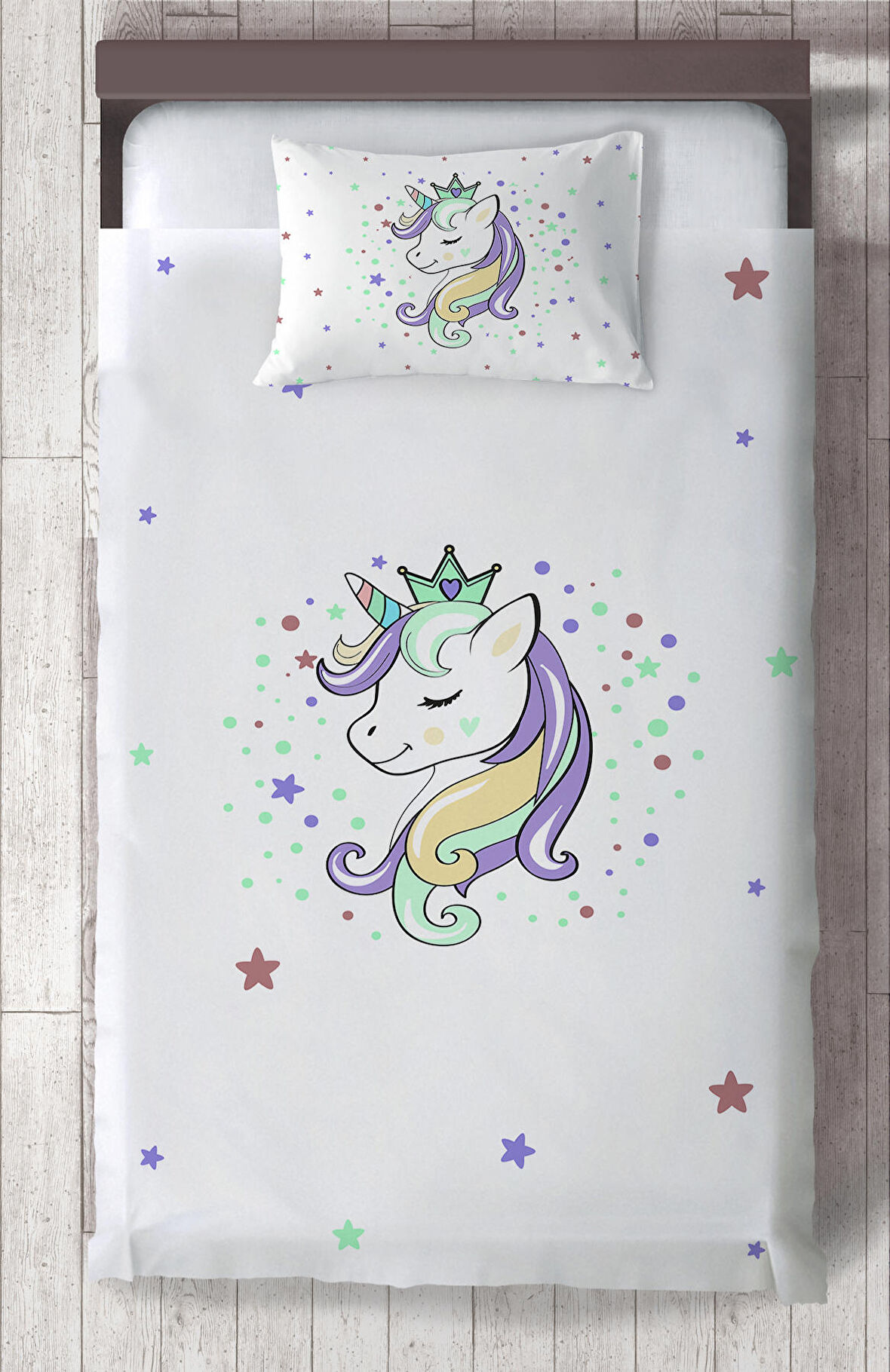 MEKTA HOME BEBEK VE ÇOCUK ODASI Renkli Unicorn Desenli Beyaz Yatak Örtüsü