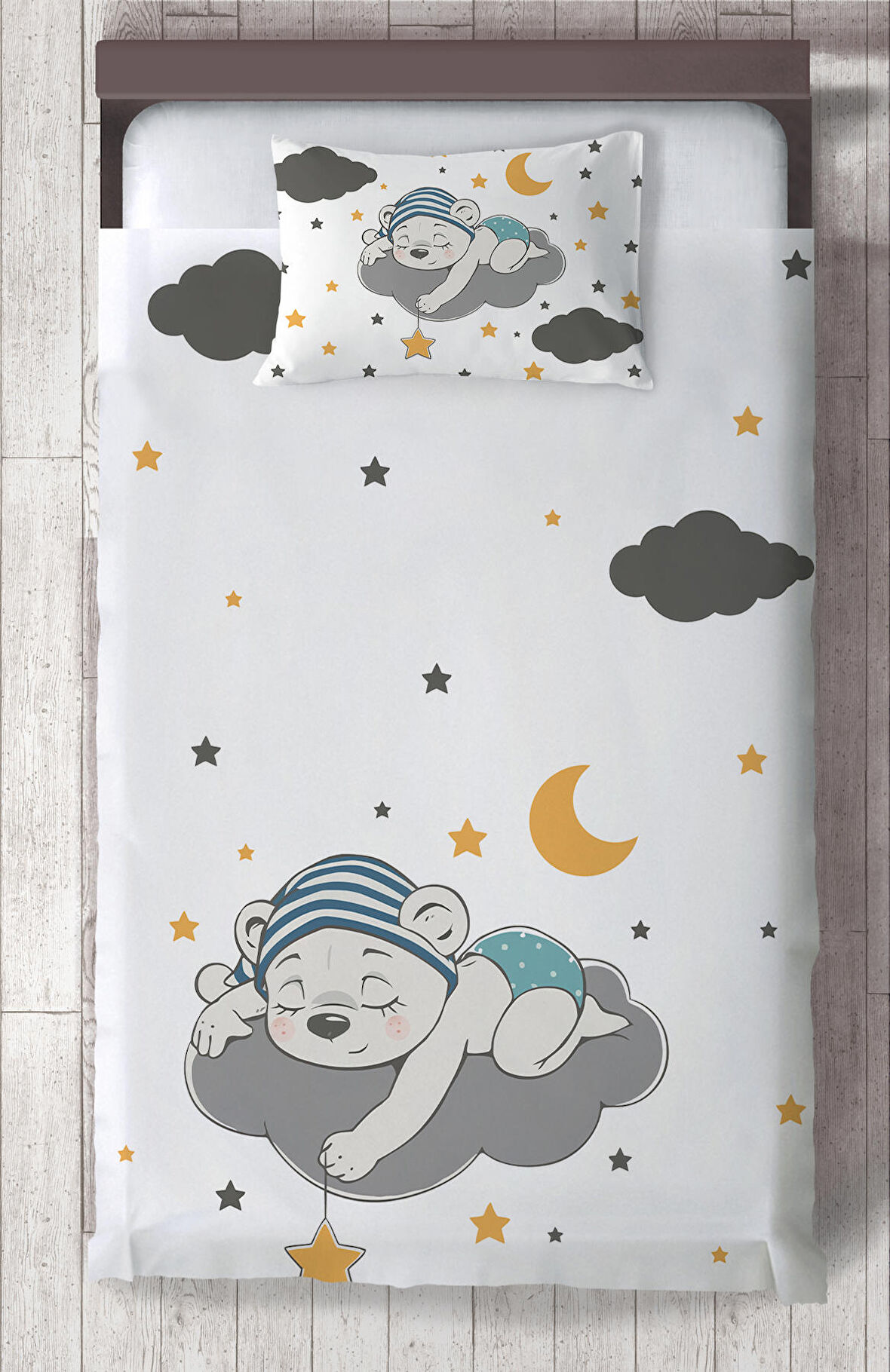 MEKTA HOME BEBEK VE ÇOCUK ODASI Sevimli Mavi Uyuyan Ayı Desenli Yatak Örtüsü