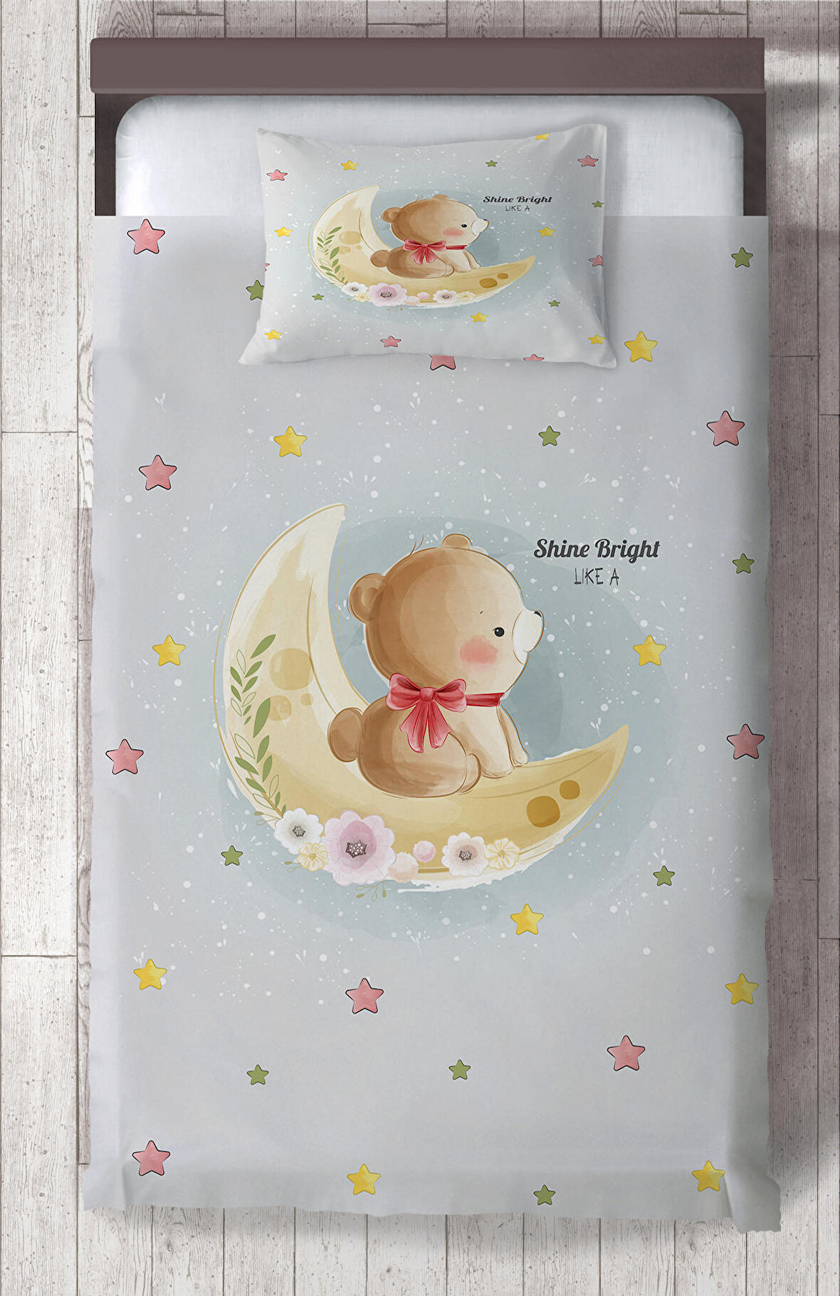 MEKTA HOME BEBEK VE ÇOCUK ODASI Ay ve Ayı Desenli Yatak Örtüsü