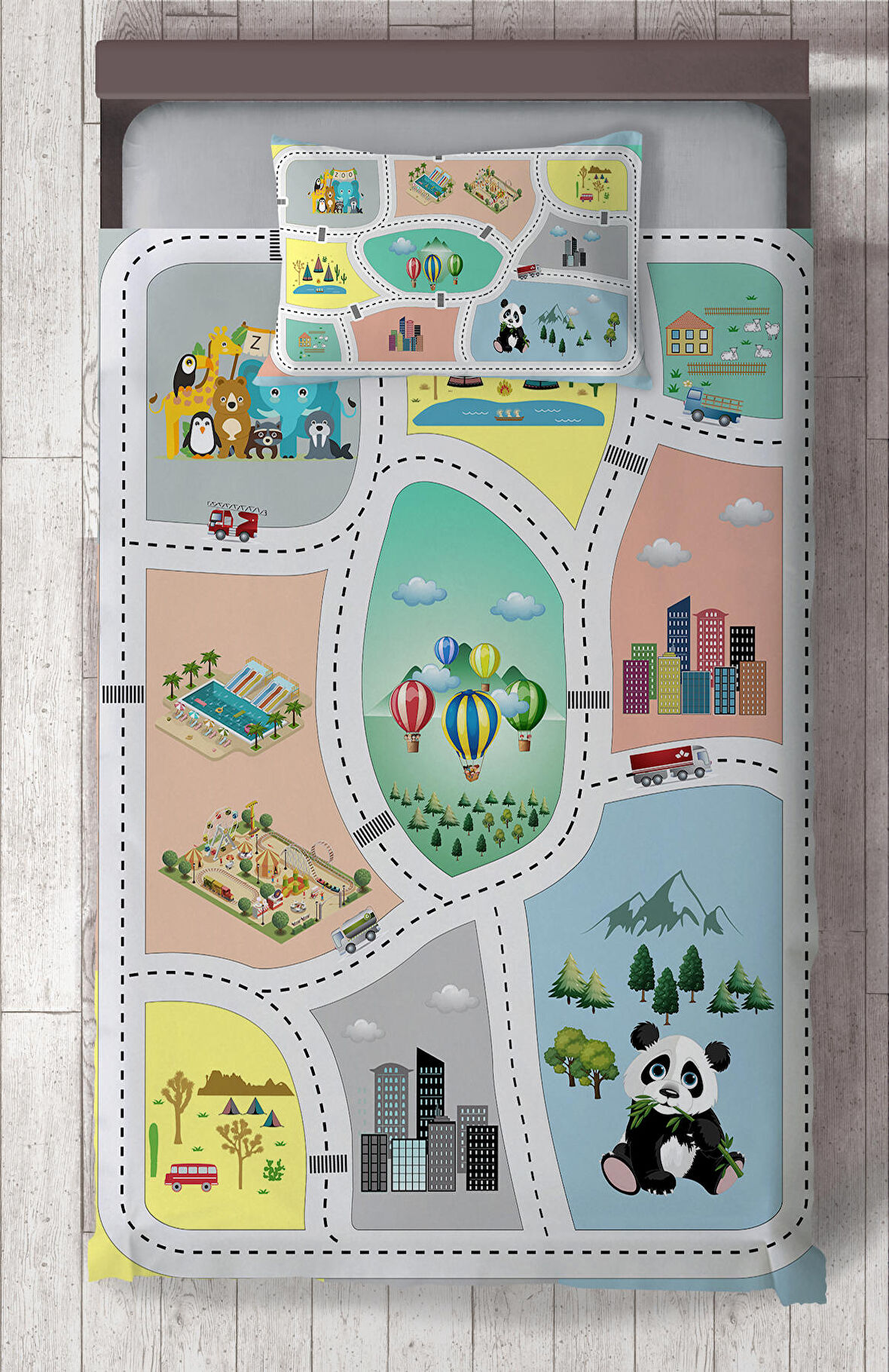 MEKTA HOME BEBEK VE ÇOCUK ODASI Hayvan Ağaç ve Yol Figür Desenli Yatak Örtüsü