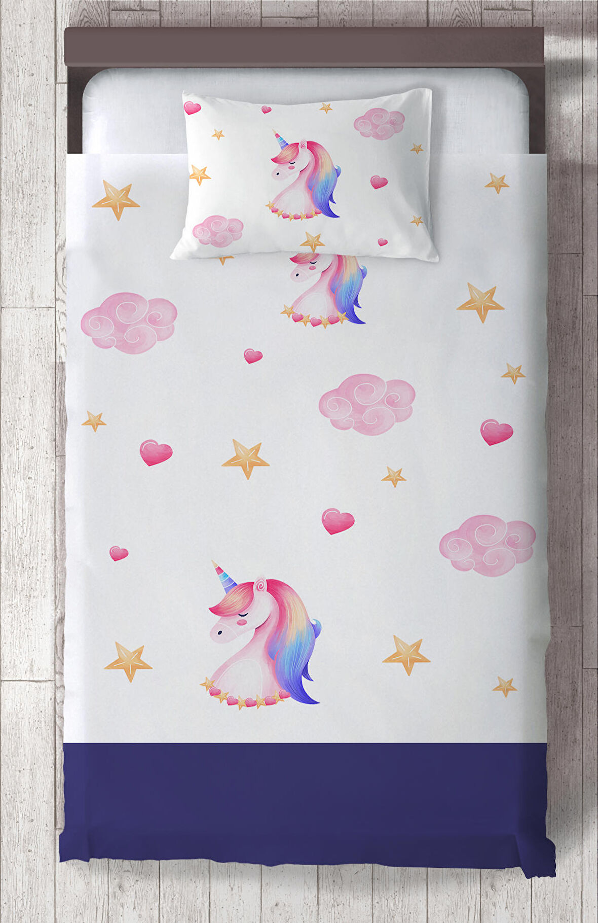 MEKTA HOME BEBEK VE ÇOCUK ODASI Unicorn ve Seksek Desenli Lacivert Yatak Örtüsü