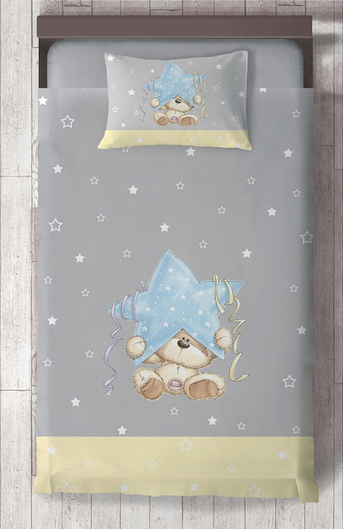 MEKTA HOME BEBEK VE ÇOCUK ODASI Yıldız ve Ayıcık Desenli Sarı Çizgili Yatak Örtüsü