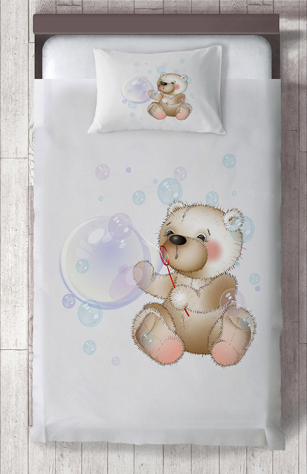 MEKTA HOME BEBEK VE ÇOCUK ODASI Balon Çıkaran Ayıcık Desenli Yatak Örtüsü