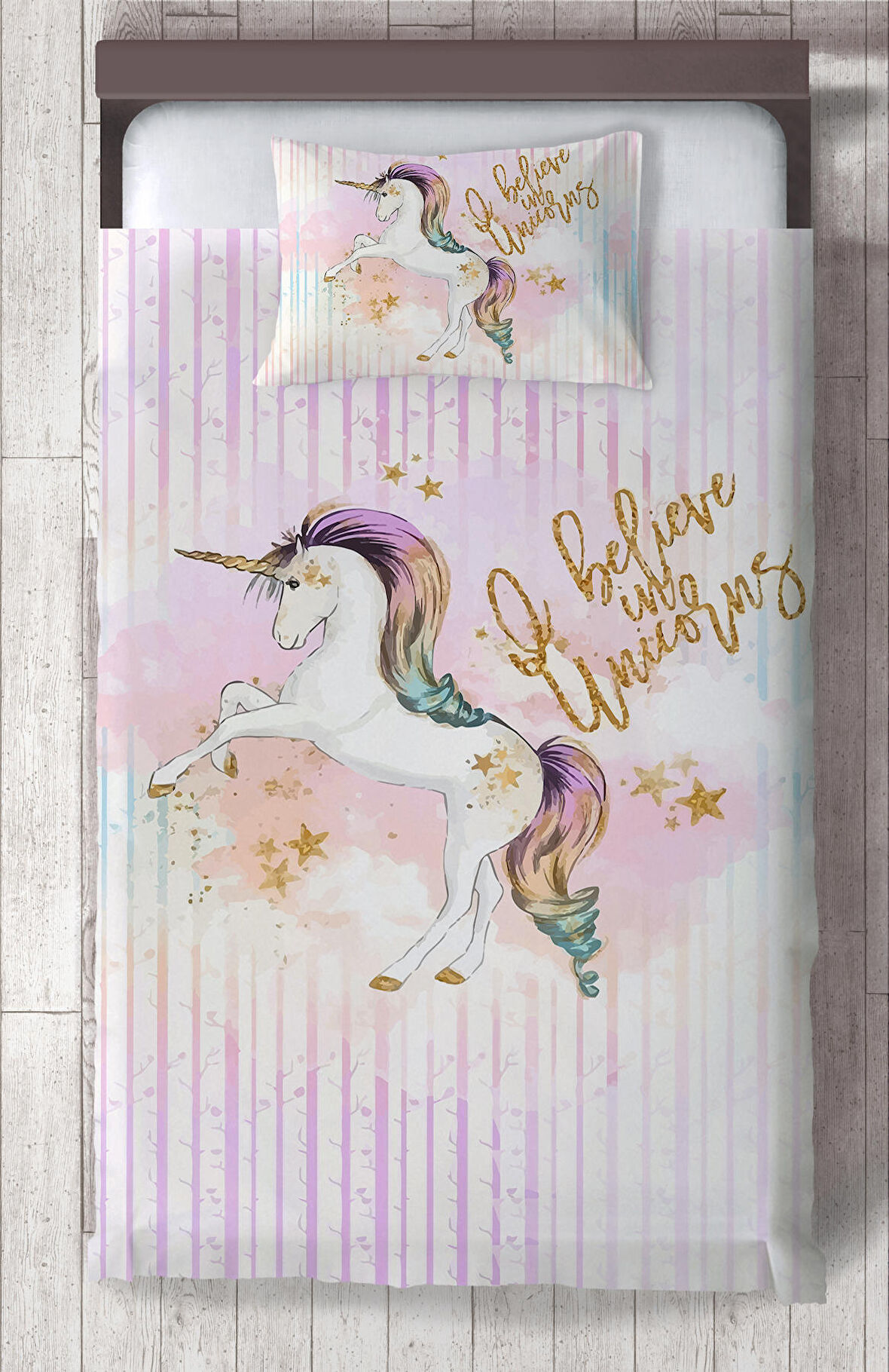 MEKTA HOME BEBEK VE ÇOCUK ODASI Yıldızlı Unicorn Desenli Yatak Örtüsü