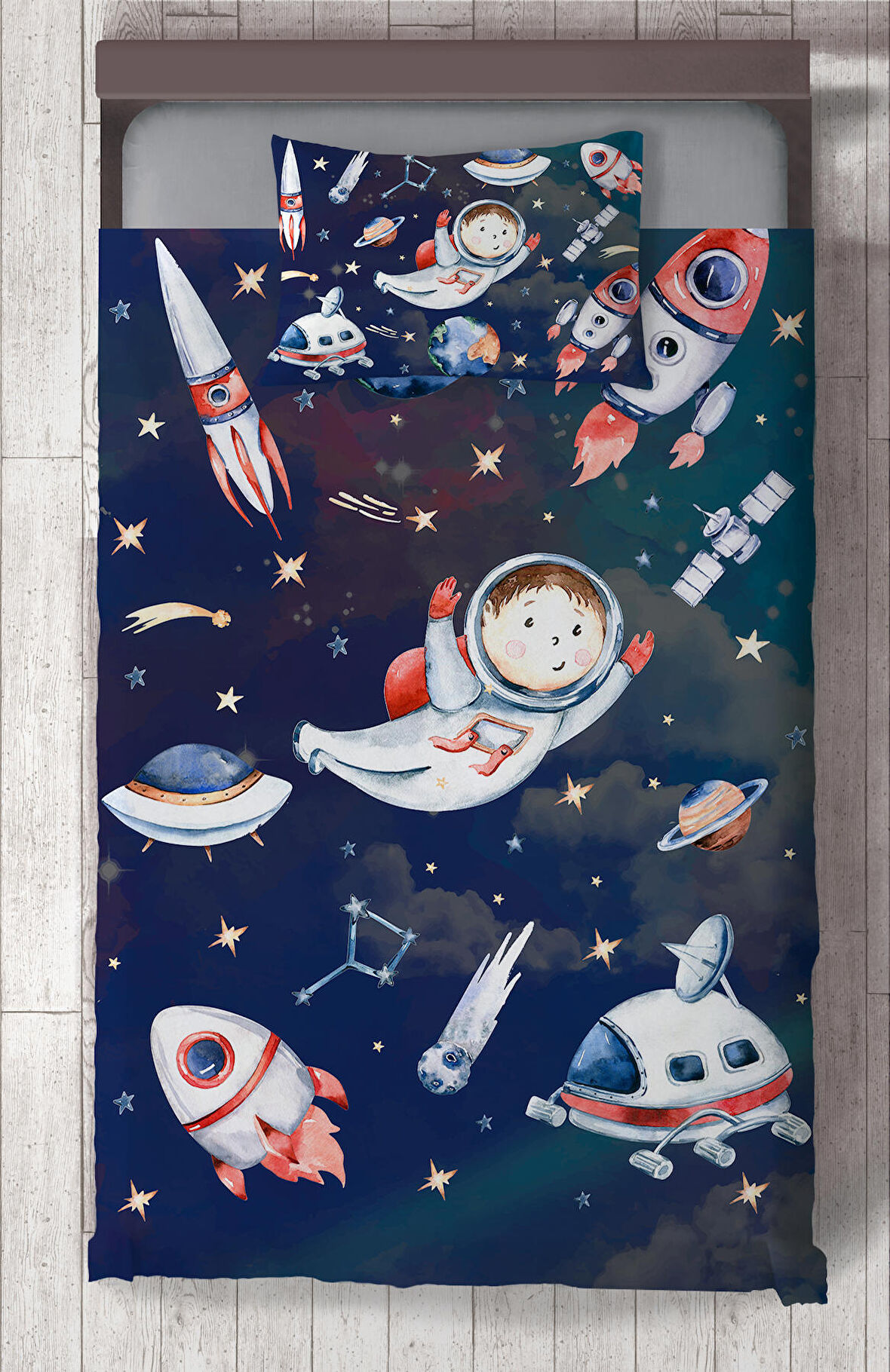 MEKTA HOME BEBEK VE ÇOCUK ODASI Uzaylı Astronot Desenli Yatak Örtüsü