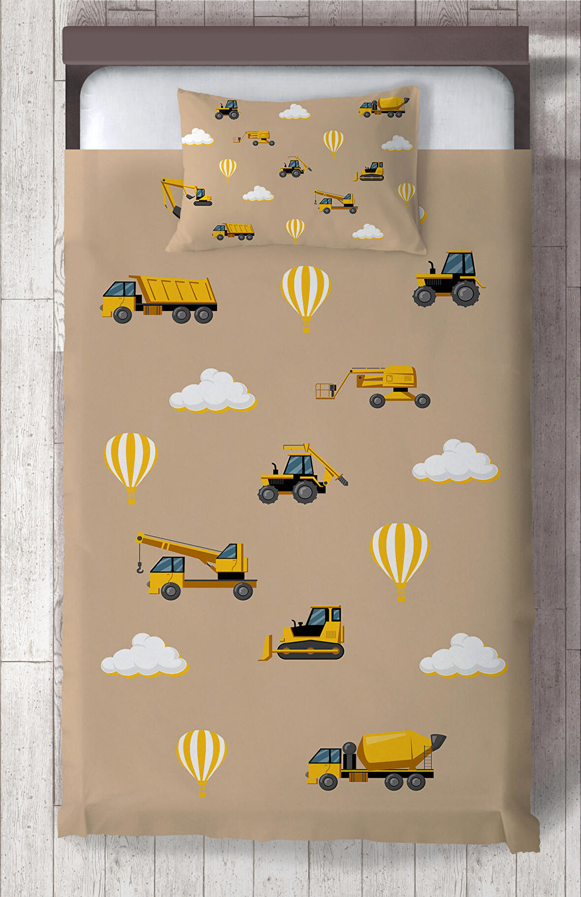 Mekta Home Bebek Ve Çocuk Odası İş Makinelı Kahverengi Yol Desenli Yatak Örtüsü