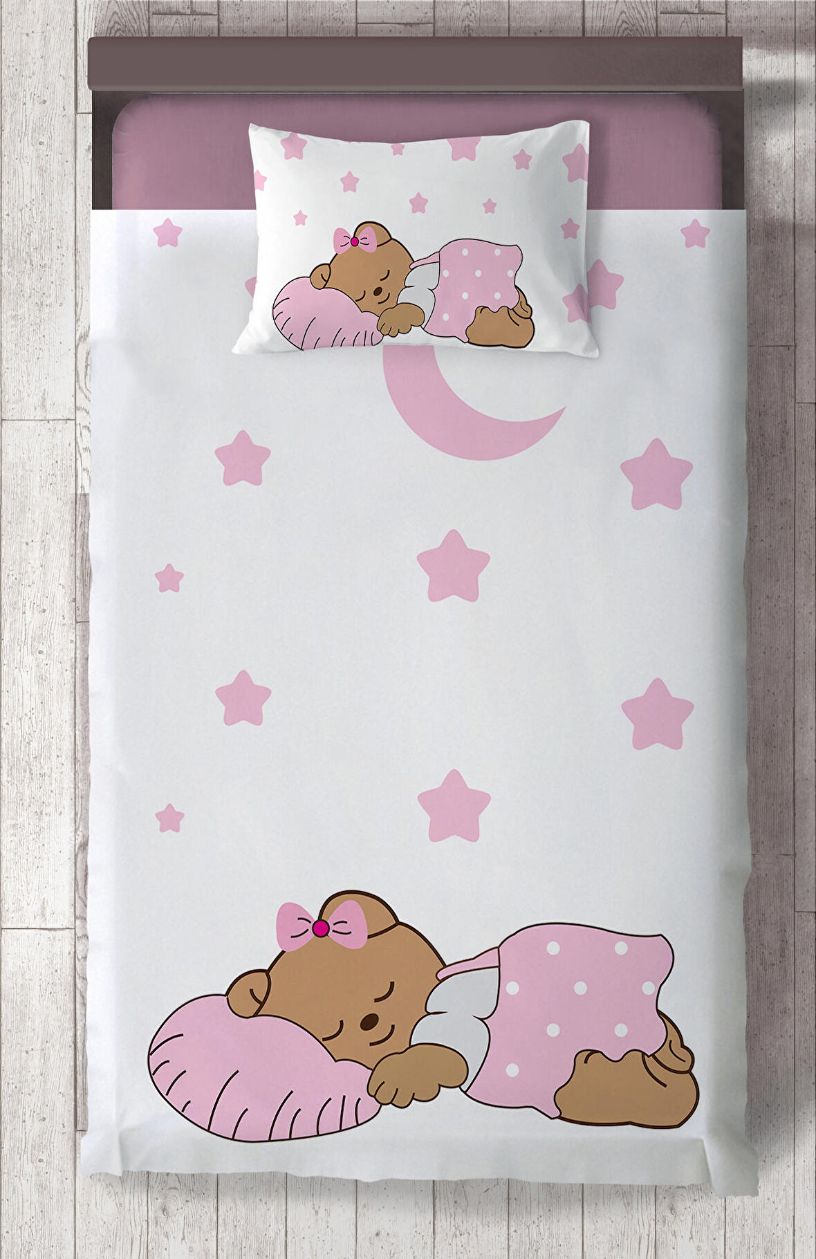 MEKTA HOME BEBEK VE ÇOCUK ODASI Uyuyan Sevimli Ayı Desenli Pembe Yatak Örtüsü