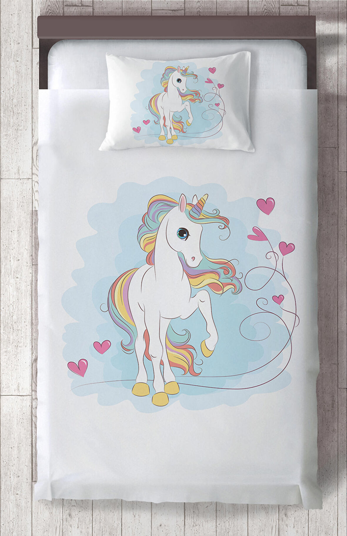MEKTA HOME BEBEK VE ÇOCUK ODASI Kalpli Unicorn Desenli Yatak Örtüsü