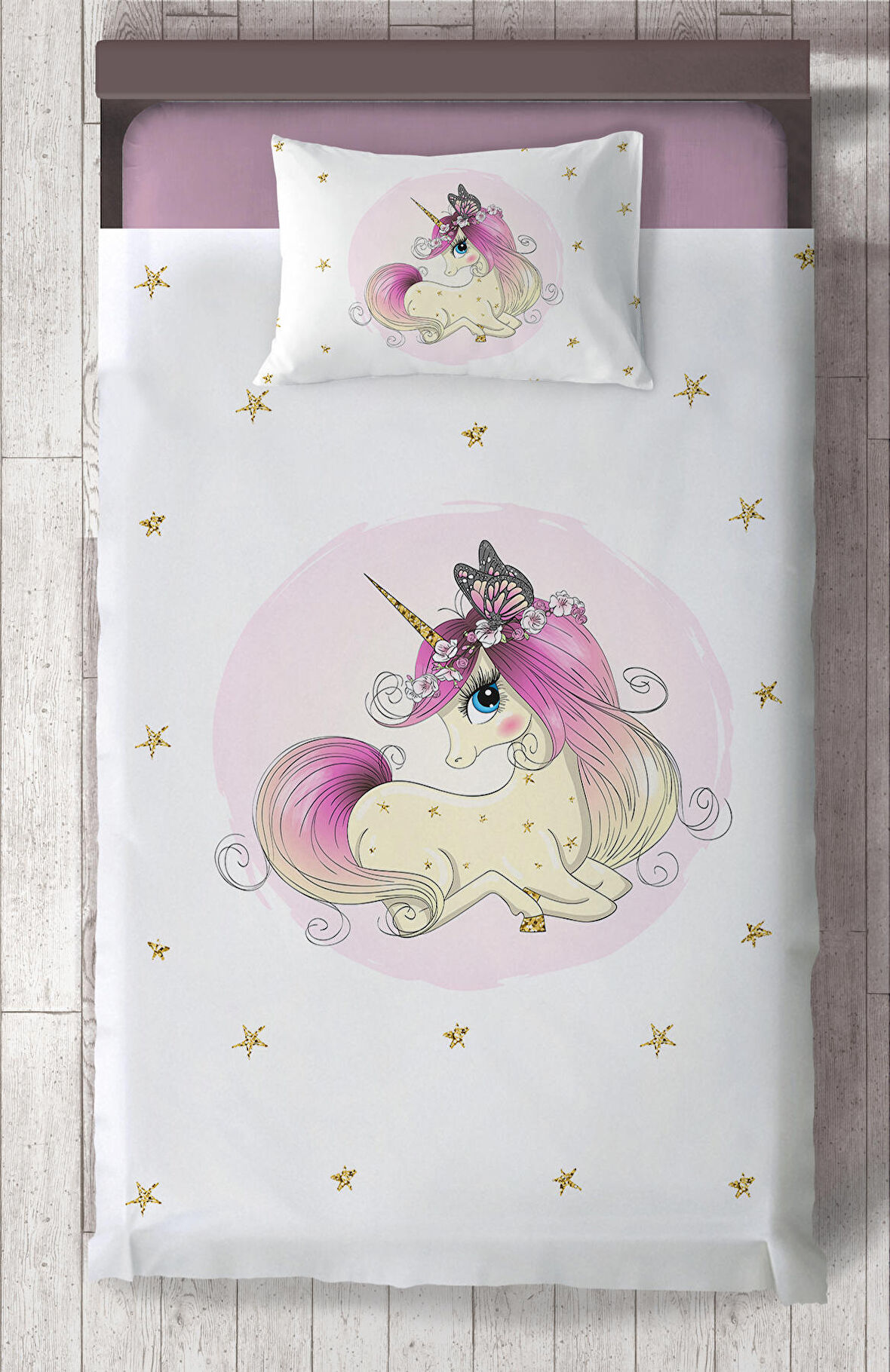 MEKTA HOME BEBEK VE ÇOCUK ODASI Yıldızlı Unicorn Desenli Yatak Örtüsü 