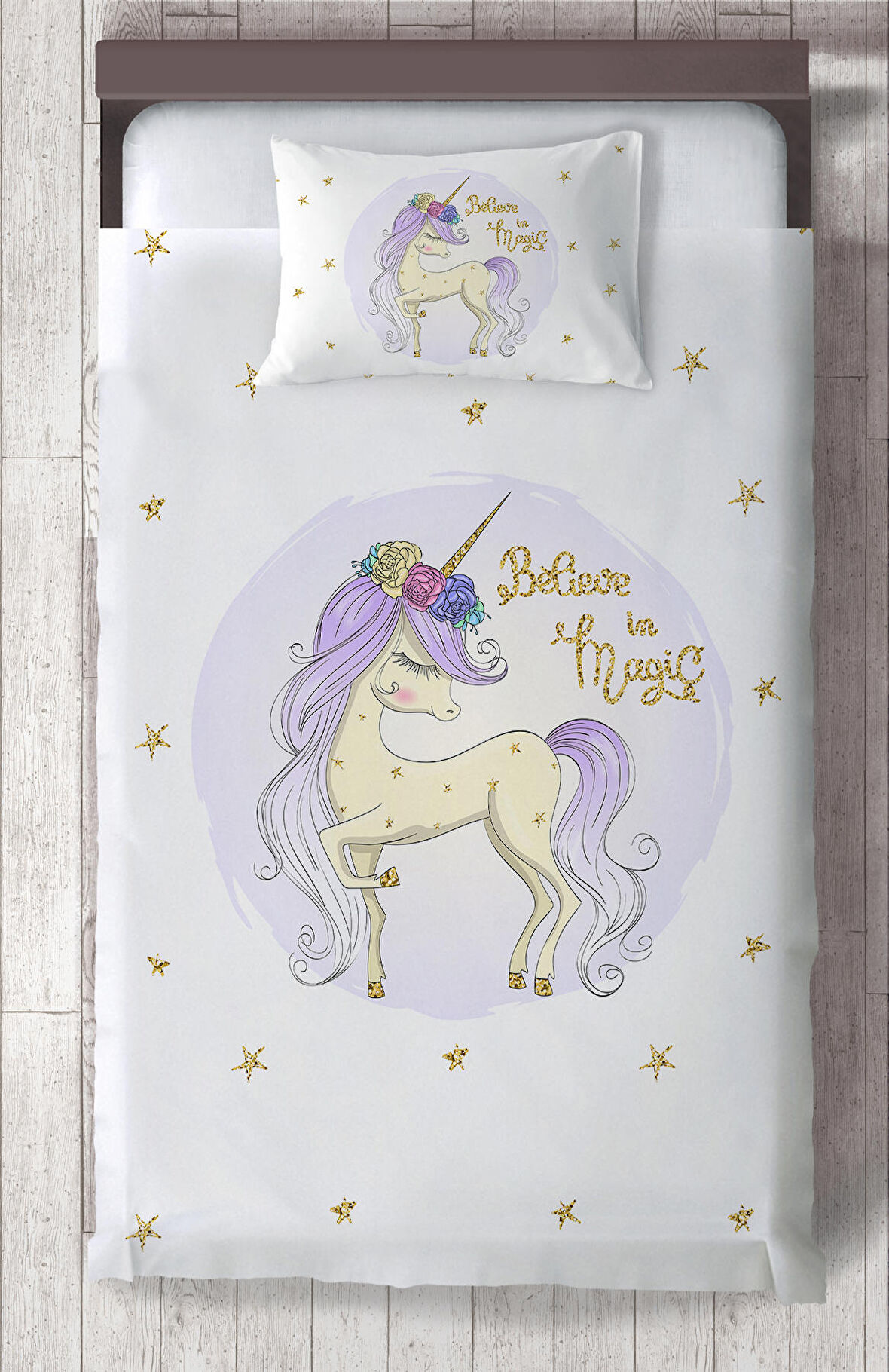 MEKTA HOME BEBEK VE ÇOCUK ODASI Yıldızlı Mavi Unicorn Desenli Yatak Örtüsü