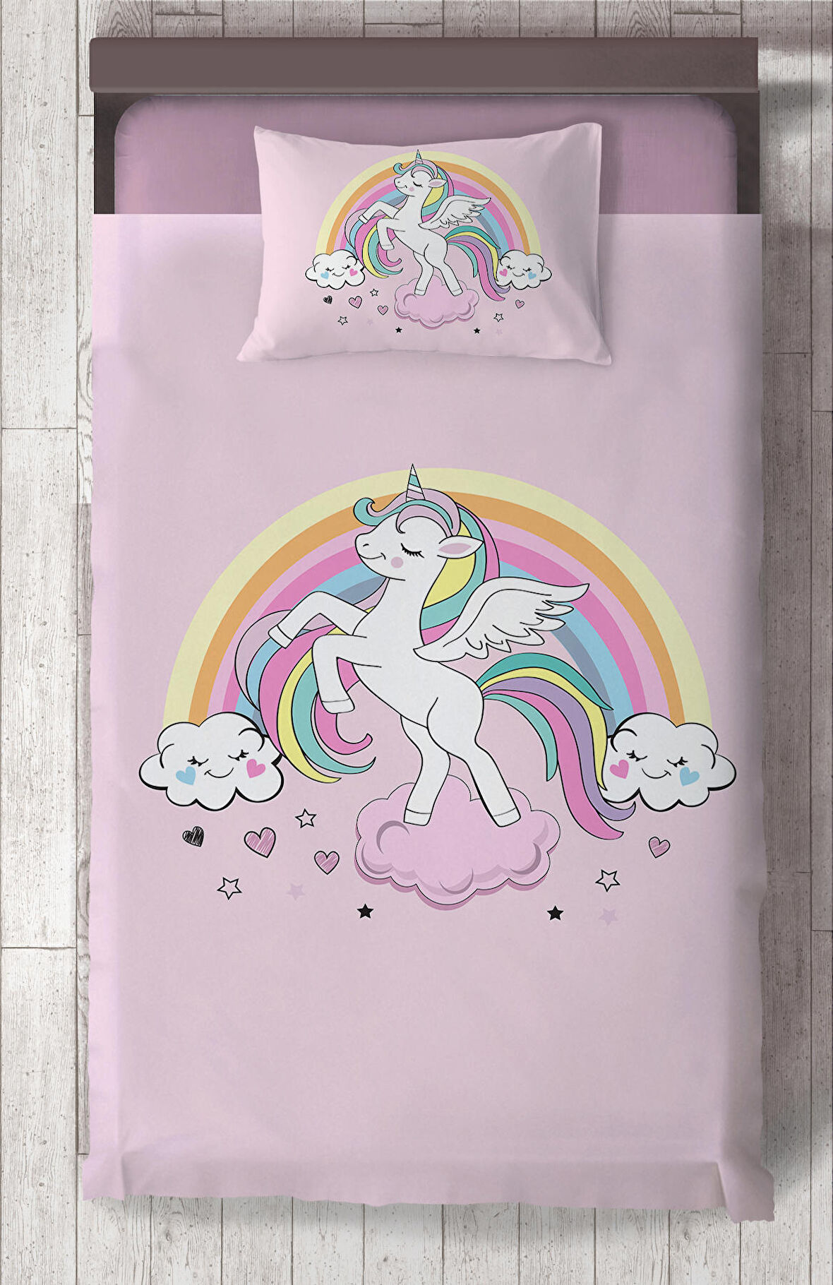 MEKTA HOME BEBEK VE ÇOCUK ODASI Gökuşağı ve Unicorn Desenli Pembe Yatak Örtüsü