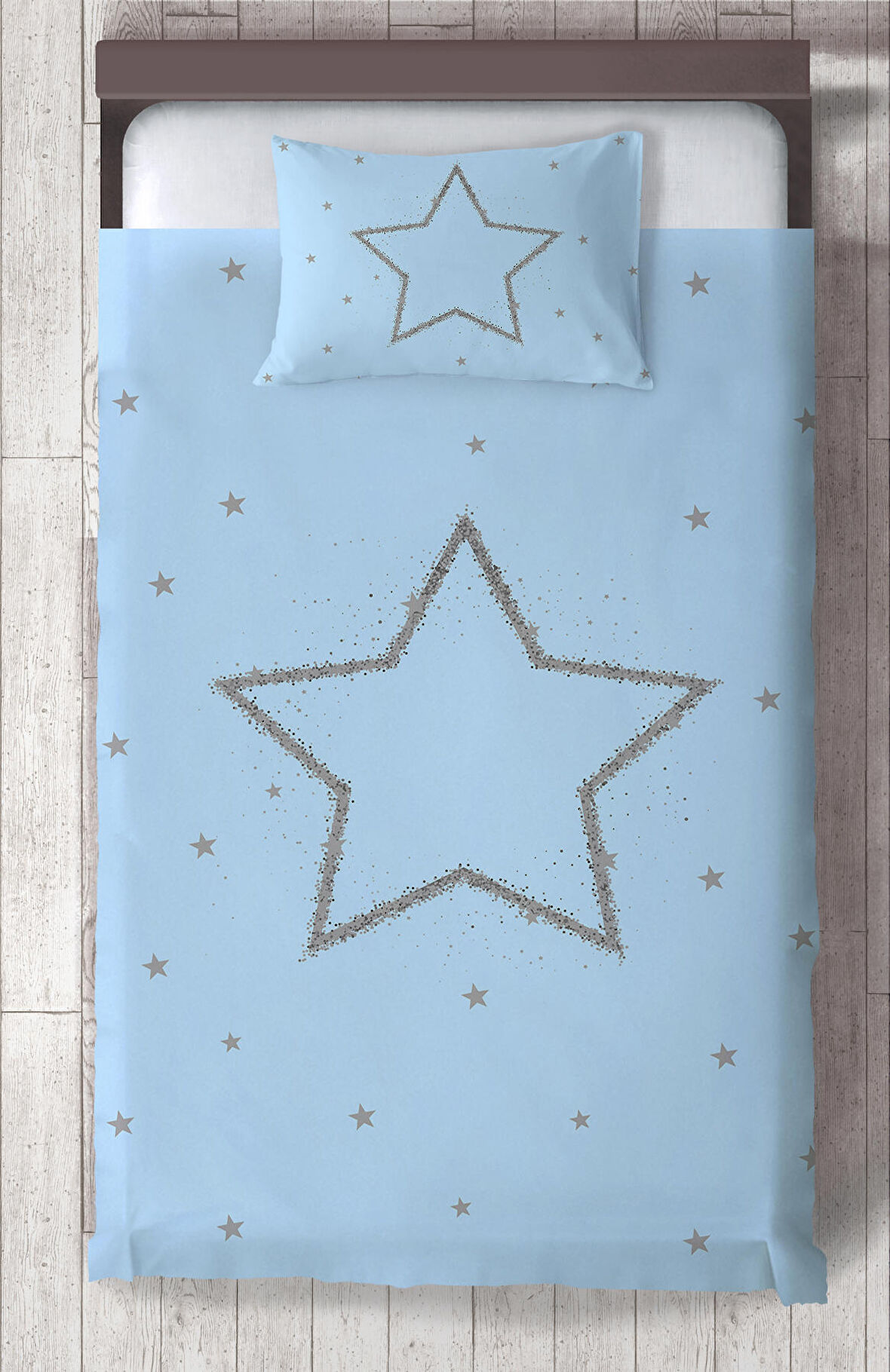 MEKTA HOME BEBEK VE ÇOCUK ODASI Büyük Gri Yıldız Desenli Mavi Yatak Örtüsü