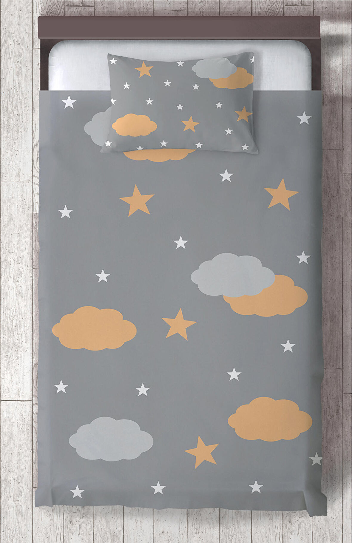 MEKTA HOME BEBEK VE ÇOCUK ODASI Sarı Gri Bulutlu Yıldız Desenli Yatak Örtüsü