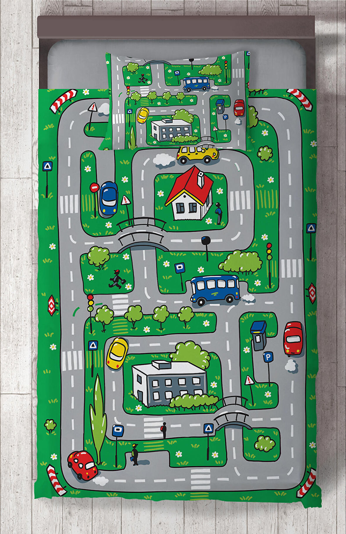 MEKTA HOME BEBEK VE ÇOCUK ODASI Şehir ve Yol Desenli Yeşil Yatak Örtüsü