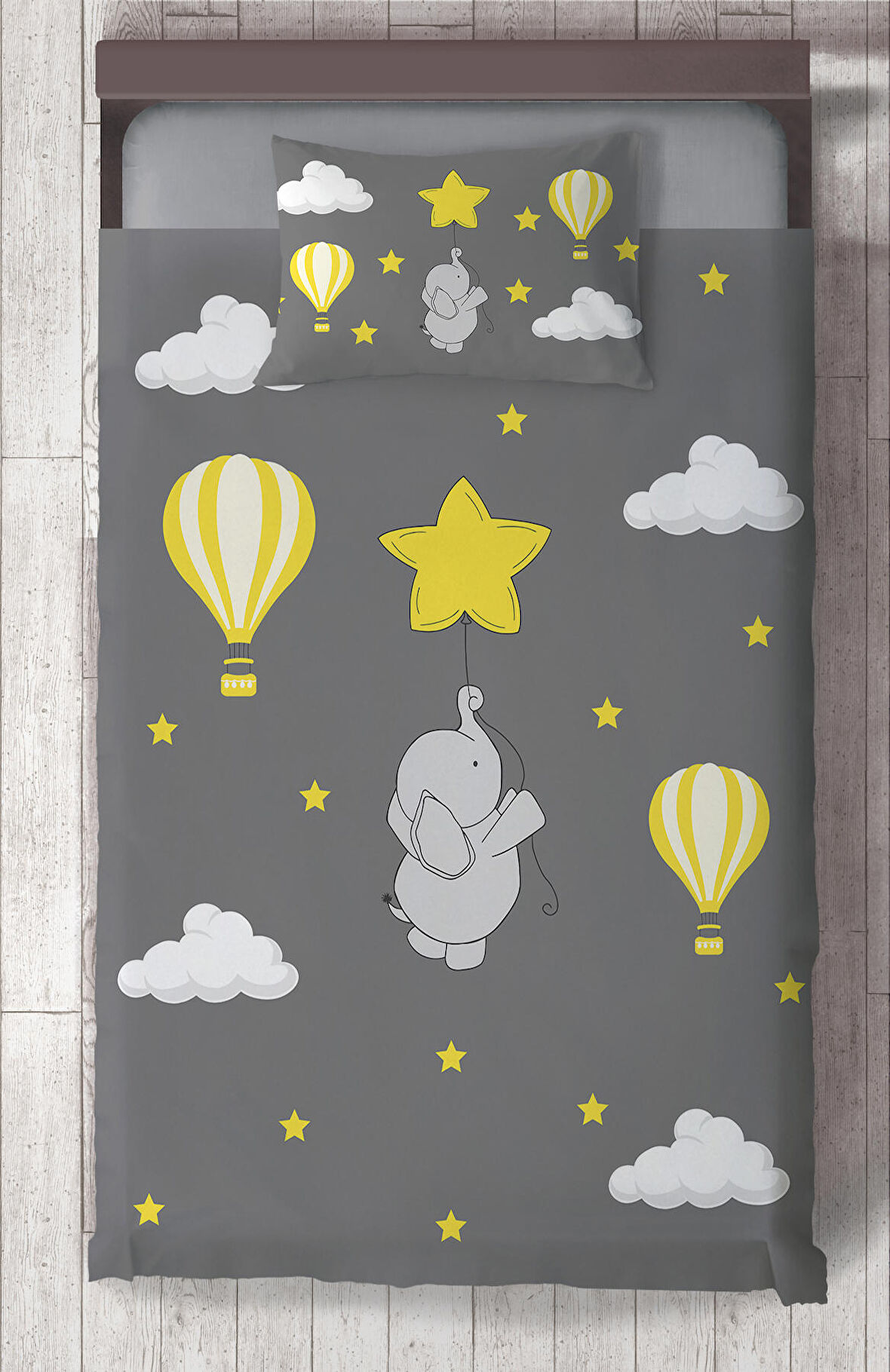 MEKTA HOME BEBEK VE ÇOCUK ODASI Fil Yıldız ve Uçan Balon Desenli Yatak Örtüsü