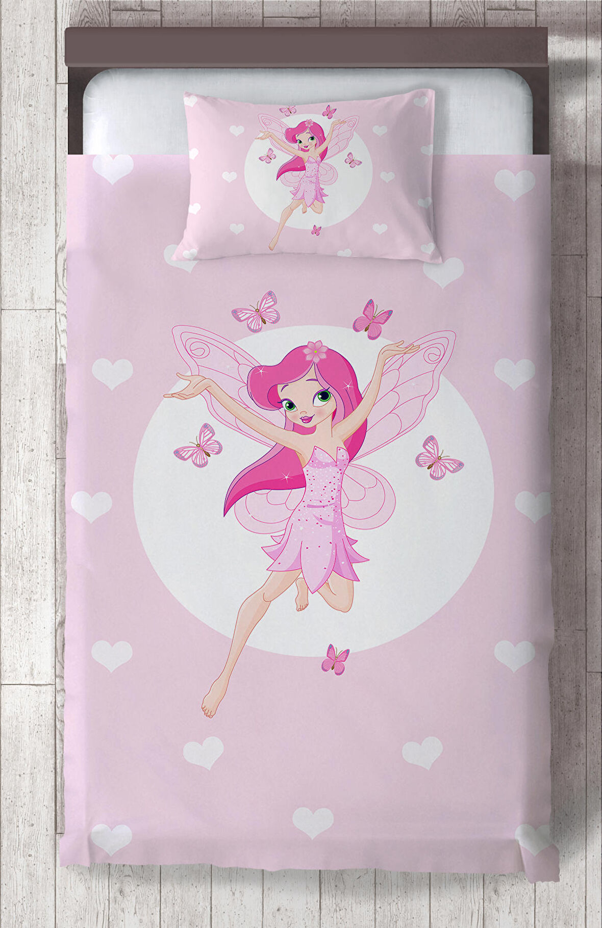 MEKTA HOME BEBEK VE ÇOCUK ODASI Uçan Peri Kızı ve Kalp Desenli Yatak Örtüsü 