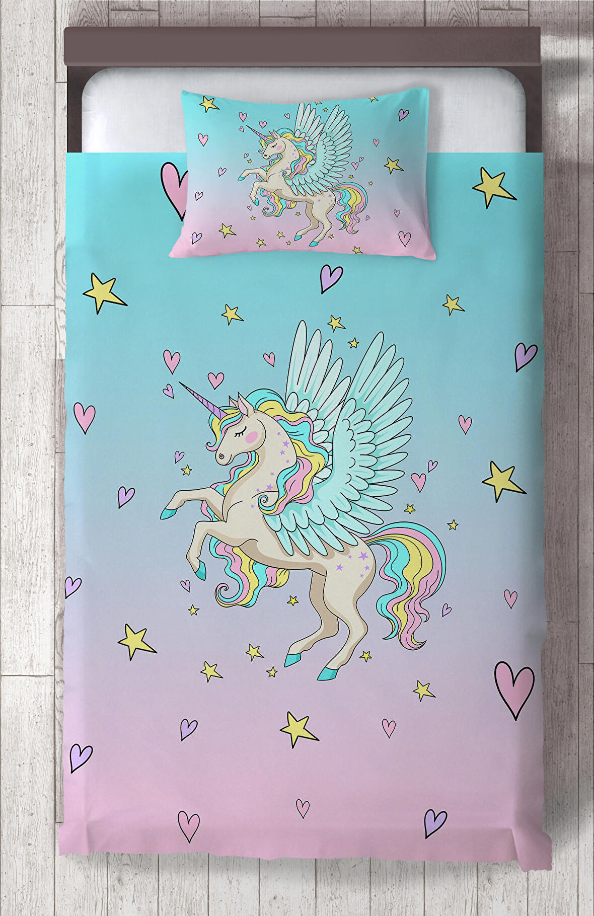 MEKTA HOME BEBEK VE ÇOCUK ODASI Uçan Unicorn Desenli Yatak Örtüsü