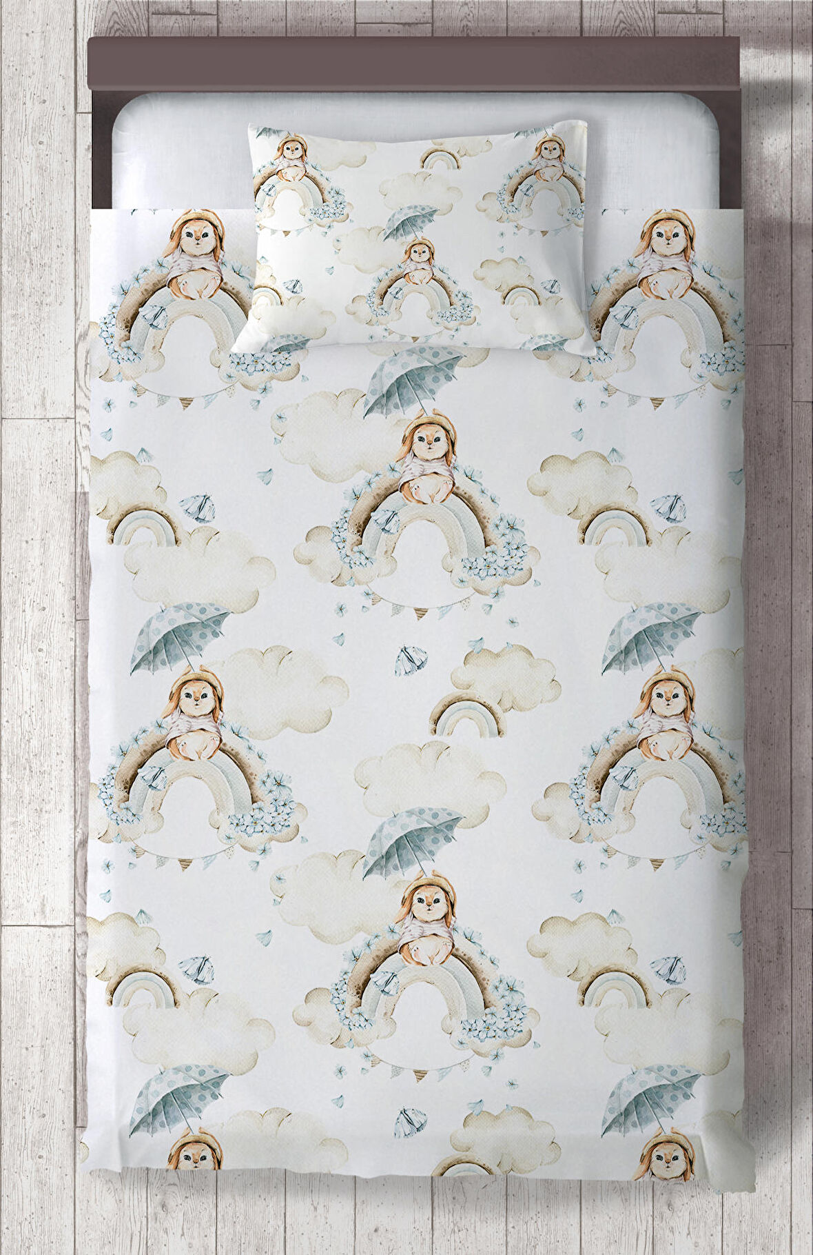 MEKTA HOME BEBEK VE ÇOCUK ODASI Soft Gökkuşağı Tavşan Desenli Yatak Örtüsü