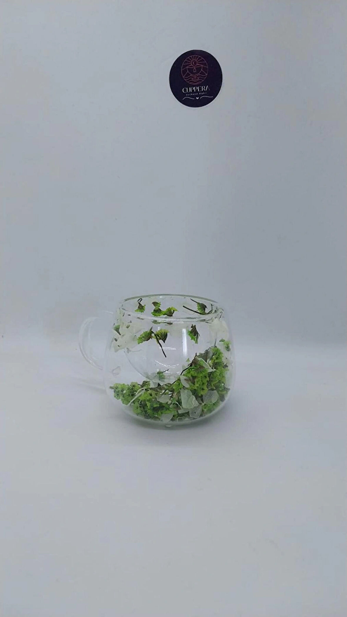 Isıya Dayanıklı Çift Cidarlı Kurutulmuş Canlı Çiçekli Mini Yeşil Beyaz Kupa