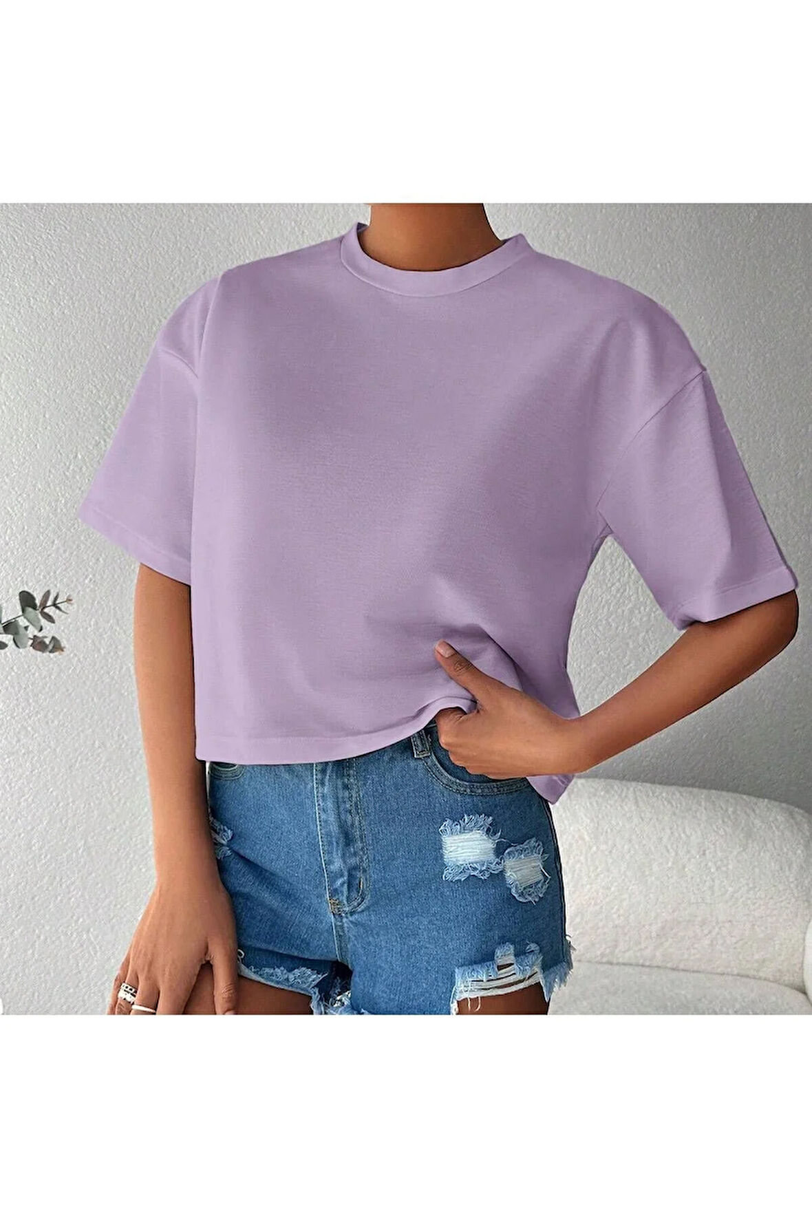 Kadın Relaxed Kalıp Bisiklet Yaka Basic Mor T-shirt