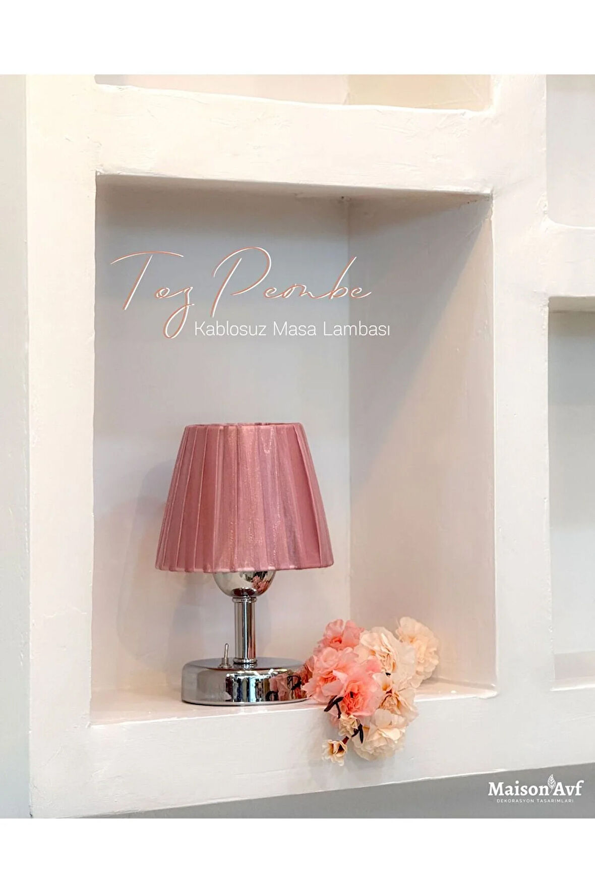 Pembe Osmanlı İpeği Pileli Kablosuz Masa Lambası -Alt Gümüş Led Işık