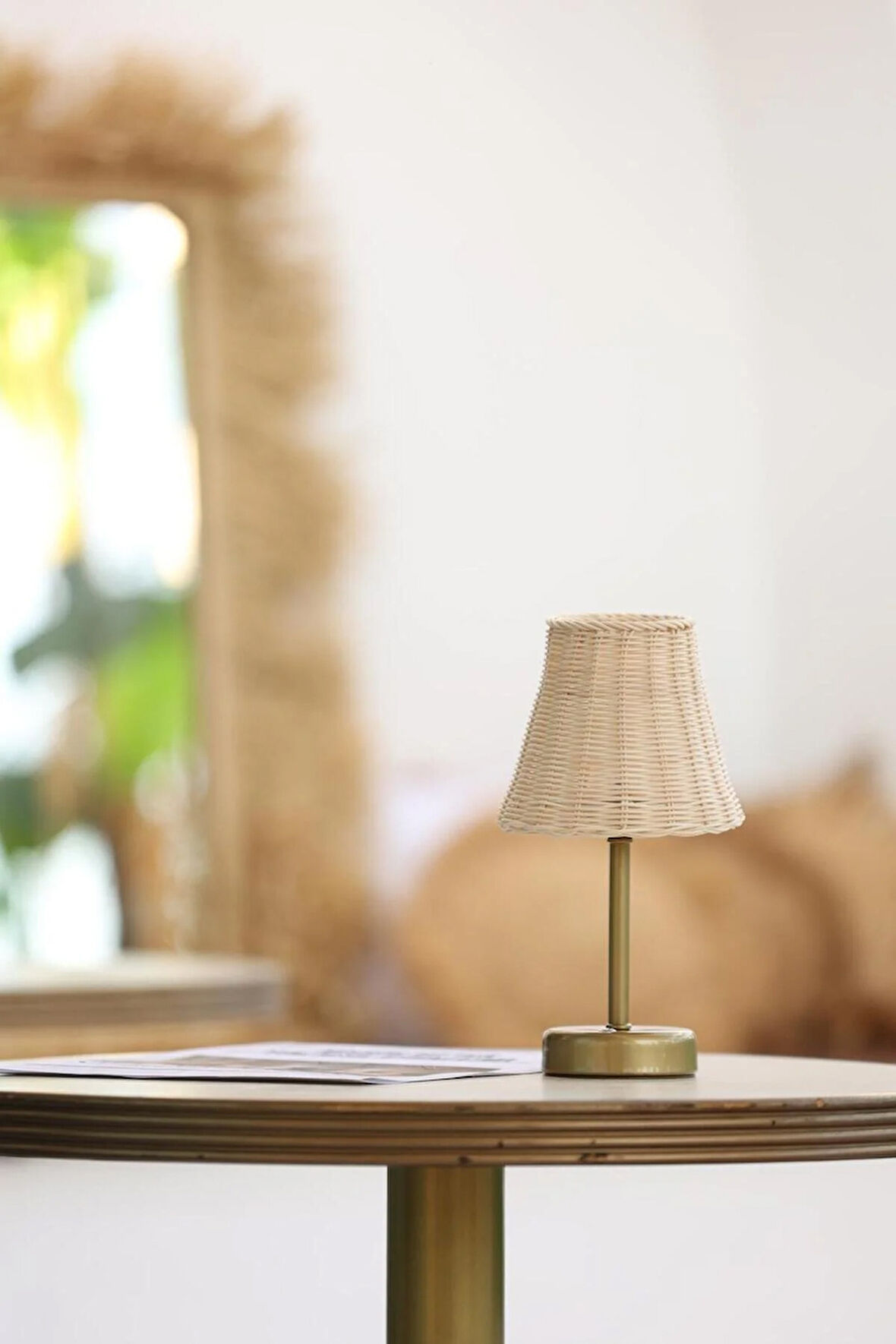 Rattan & Bambu Kablosuz Şarjlı Masa Lambası - Alt Uzun Eskitme Gold