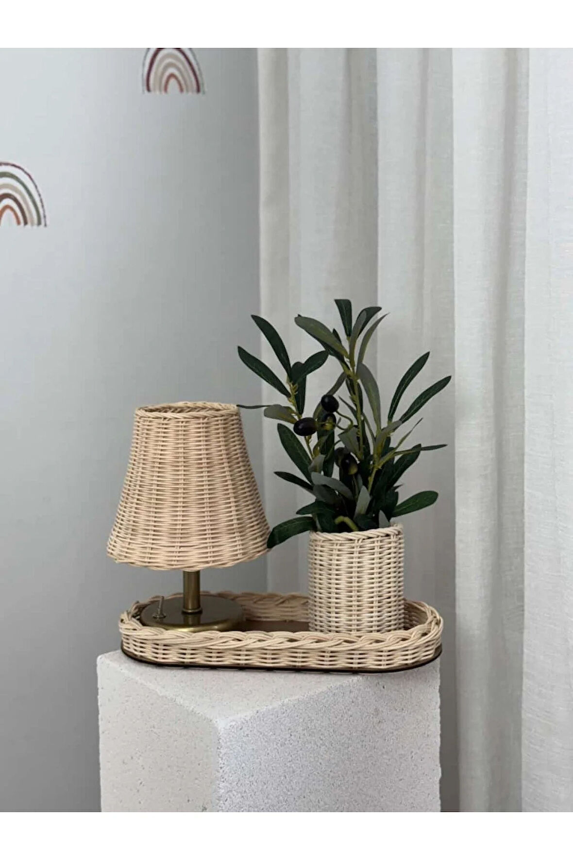 4'lü Rattan Set Kablosuz Masa Lambası - Eskitme Gold, Düzenleyici, Mini Vazo, Zeytin Dalı