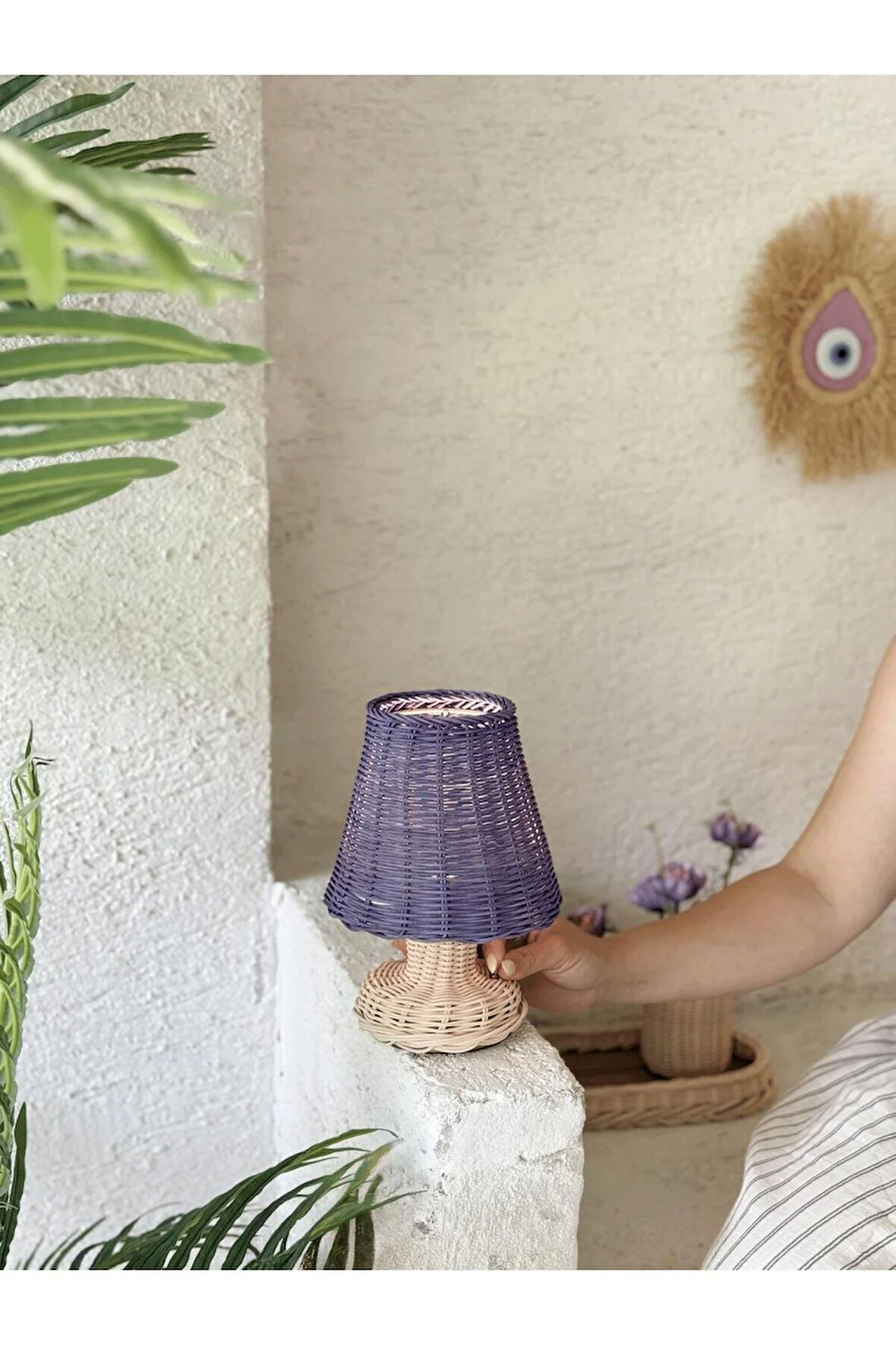 Mor Rattan & Bambu Masa Üstü Kablosuz Pilli Abajur Alt Rattan Masa Lambası