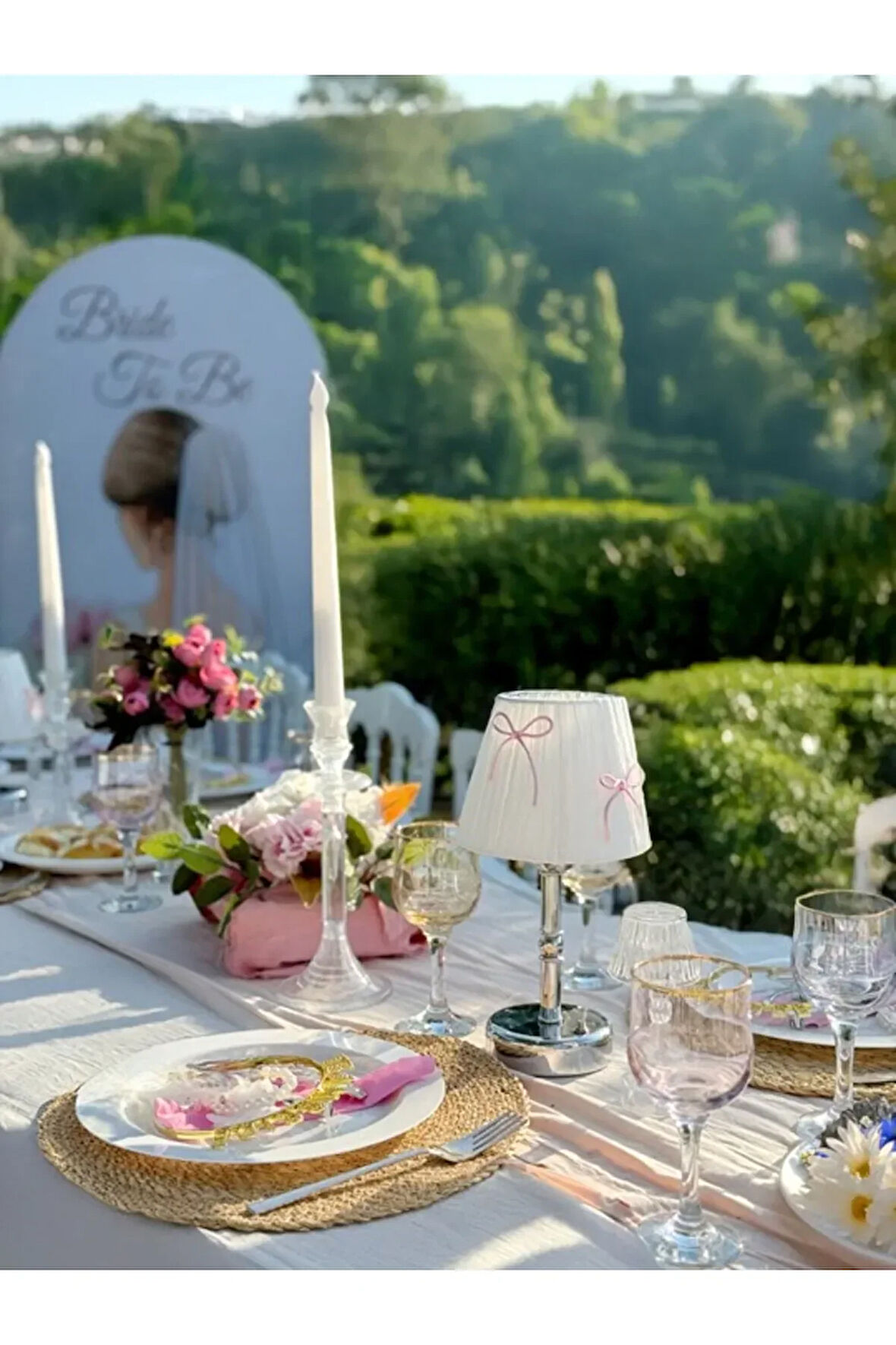 Candy Pembe Fiyonk Kurdele Beyaz Rafya Kablosuz Pilli Masa Lambası - Alt Uzun Gümüş