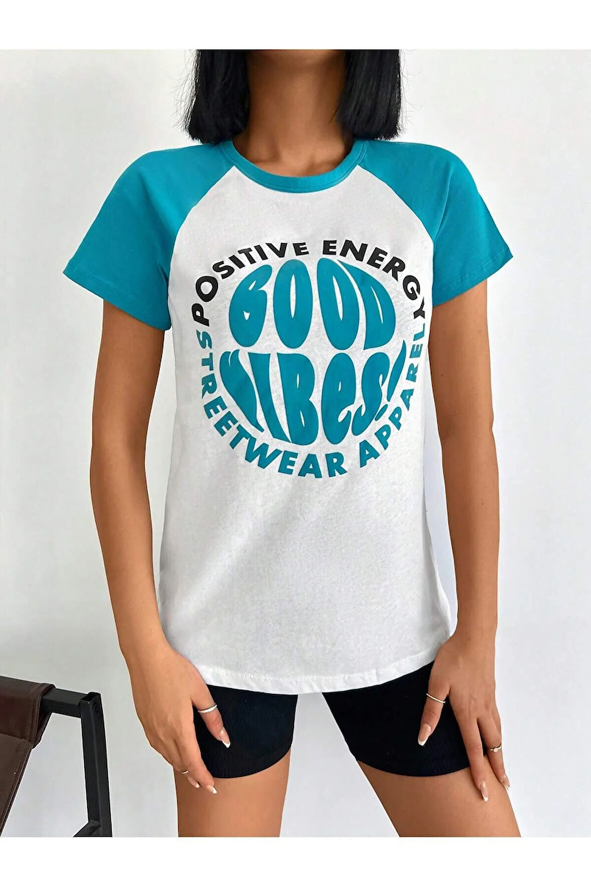Kadın Kısa Kol Puf Print Slogan Baskılı Turkuaz Renk Tişört