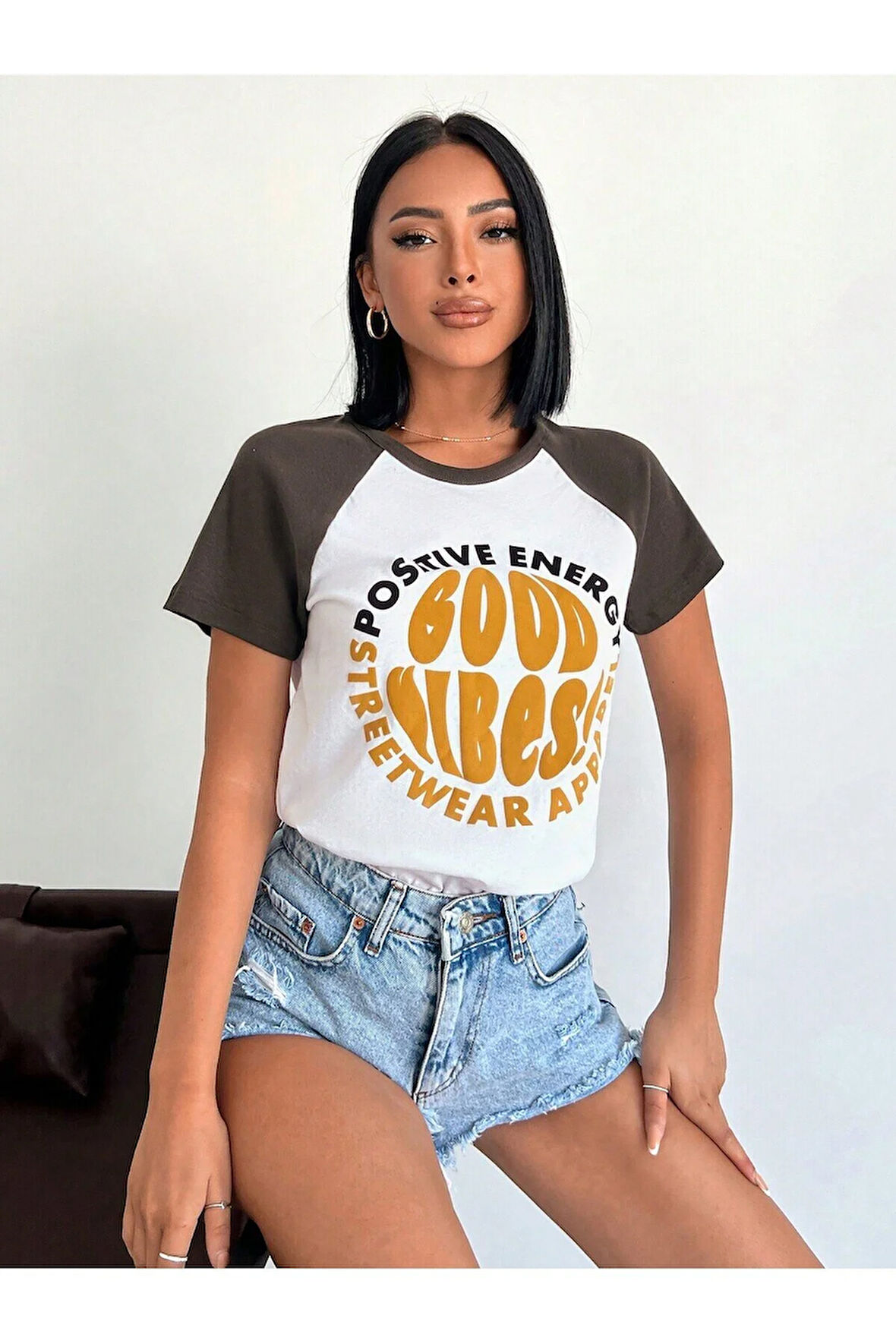 Kadın Kısa Kol Puf Print Slogan Baskılı Beyaz Tişört