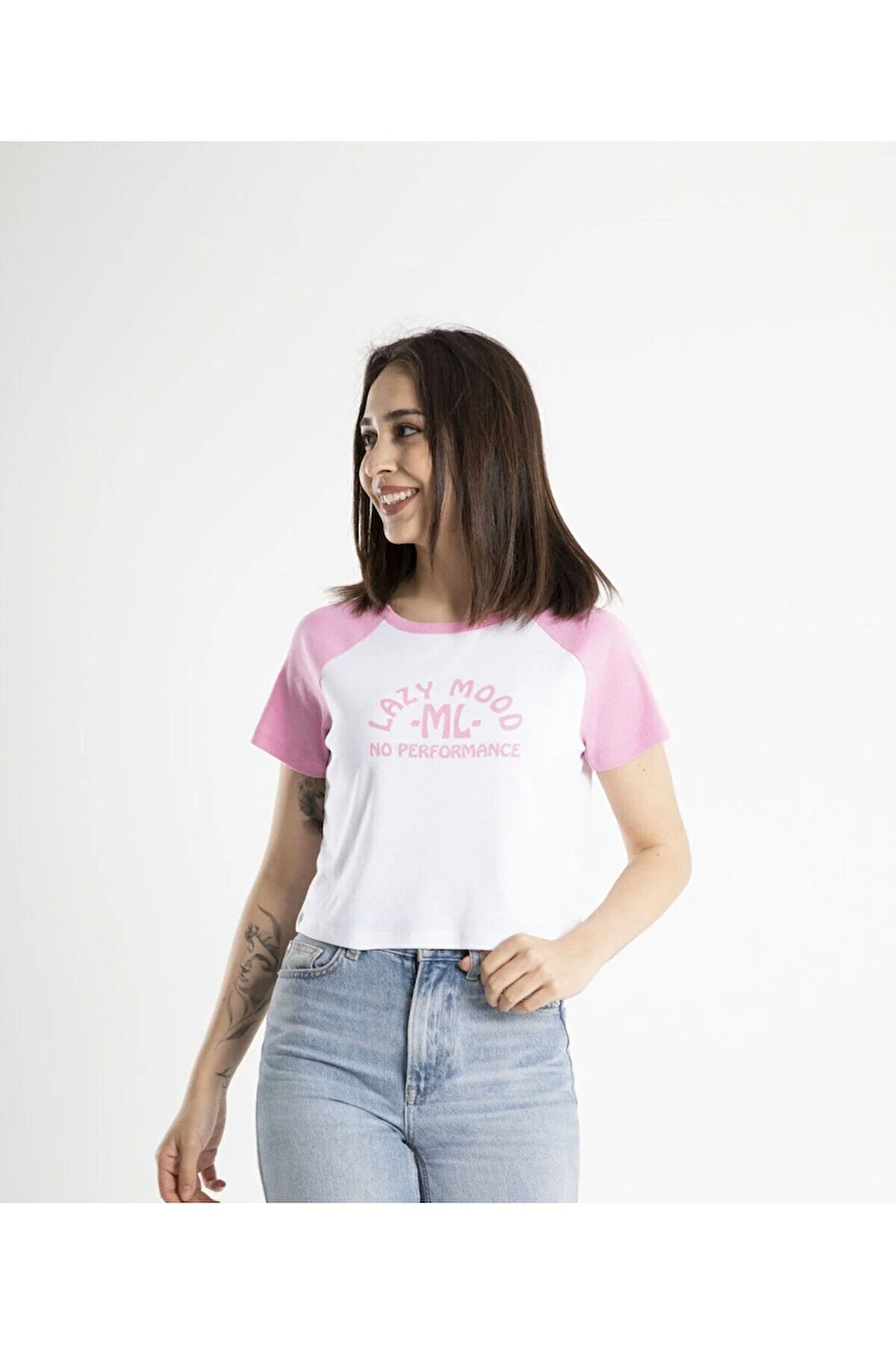 Kadın Crop Baskılı Bisiklet Yaka Tişört