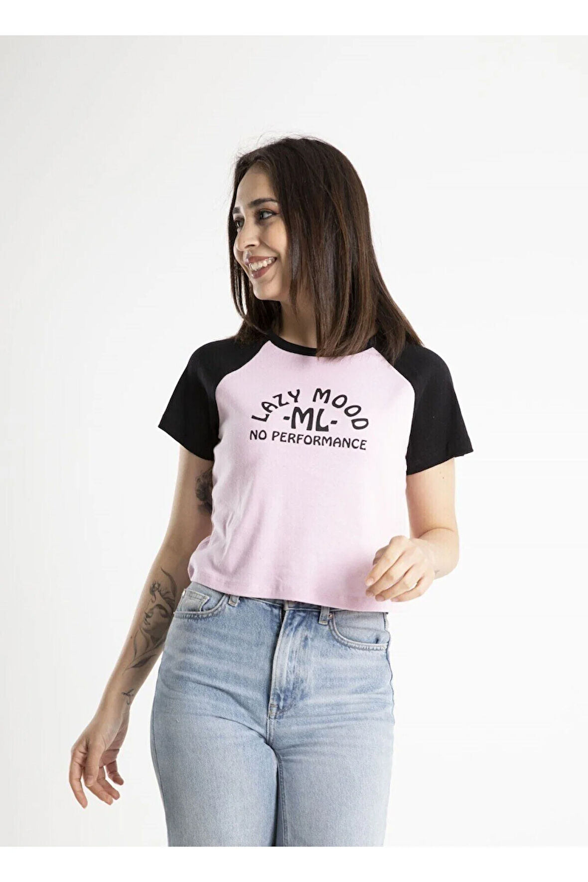 Kadın Crop Baskılı Bisiklet Yaka Tişört