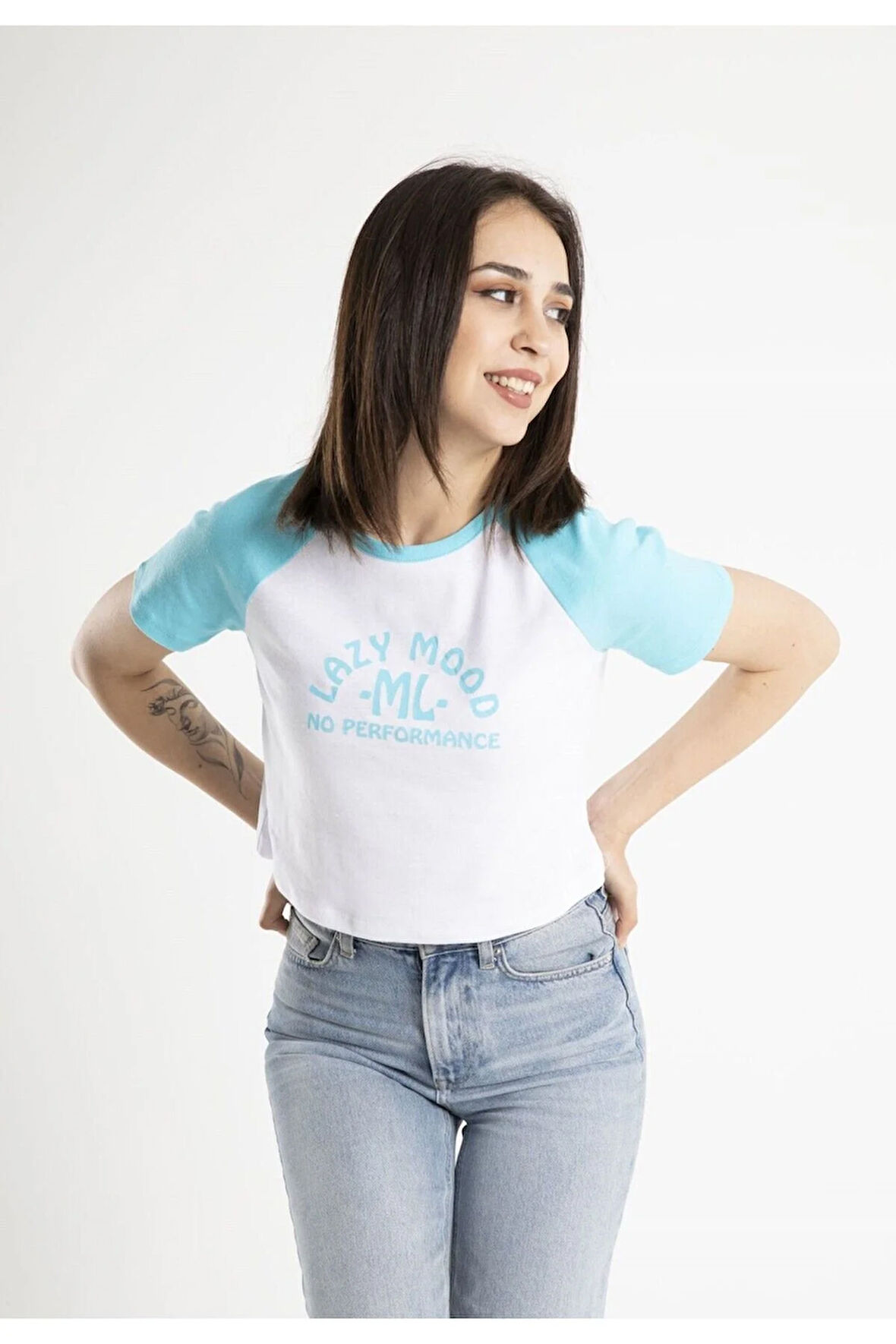 Kadın Crop Baskılı Bisiklet Yaka Tişört