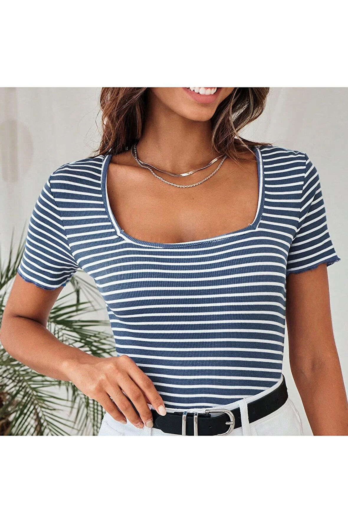 Kadın U Yaka Fitilli Kısa Kollu Crop Tişört