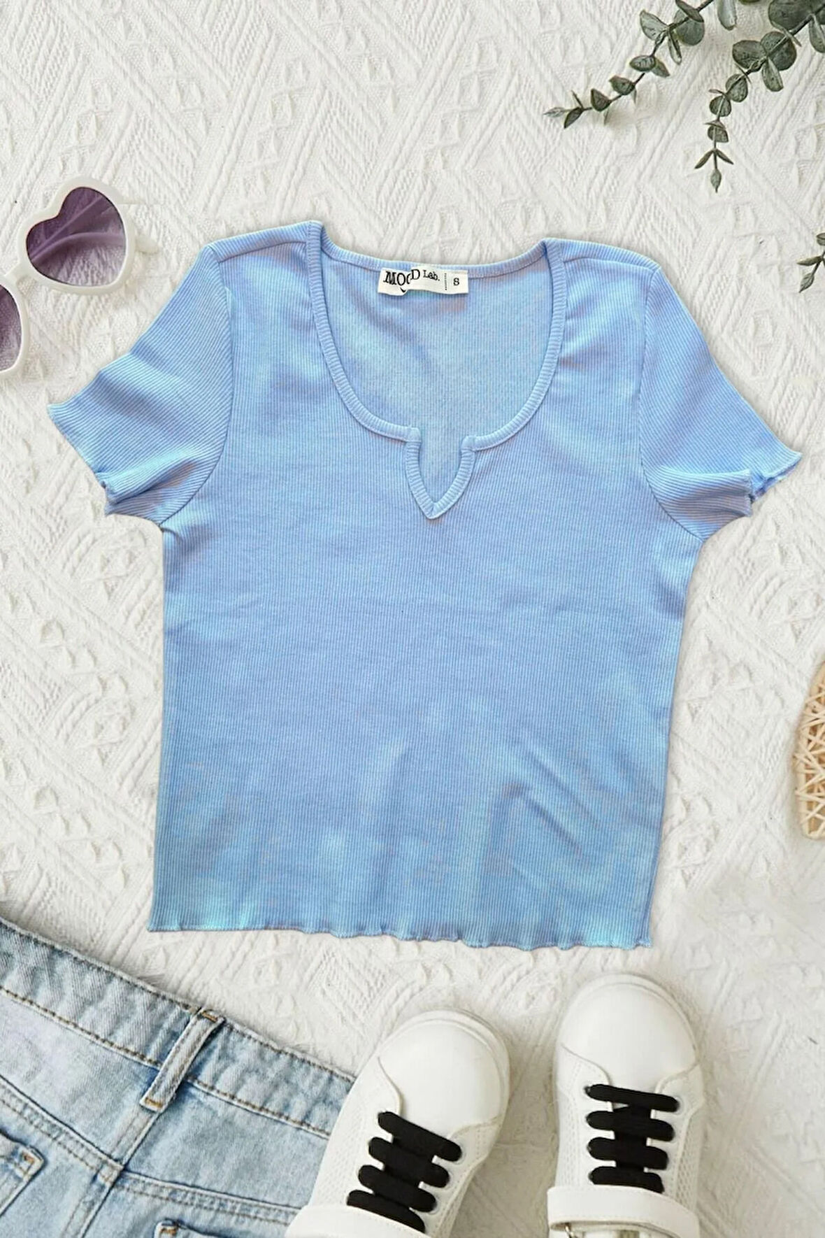 Kaşkorse Crop Slim Fit V Yaka Detaylı Mavi Tişört Badi