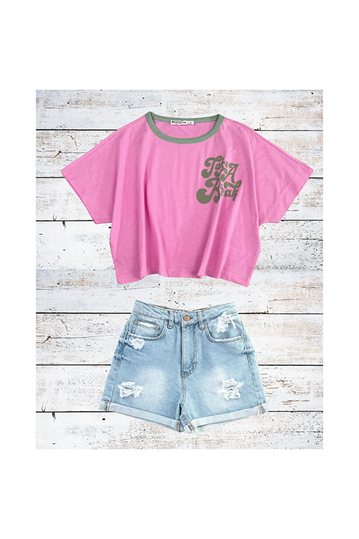 Slogan Baskılı Crop Oversize Tişört