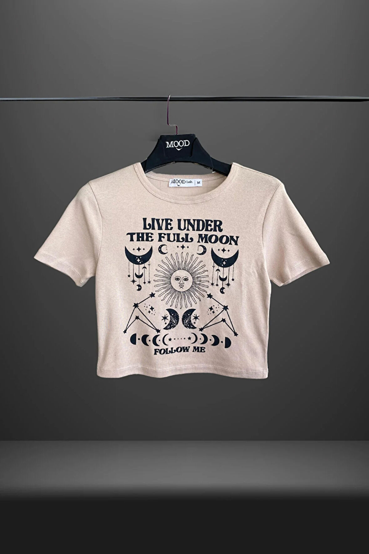 Kadın Crop Moon Baskılı Bisiklet Yaka Tişört