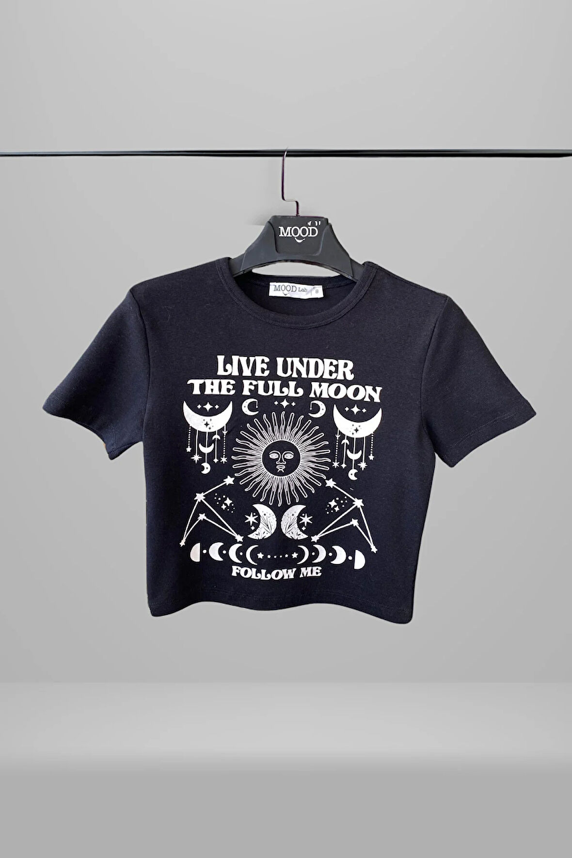 Kadın Crop Moon Baskılı Bisiklet Yaka Tişört