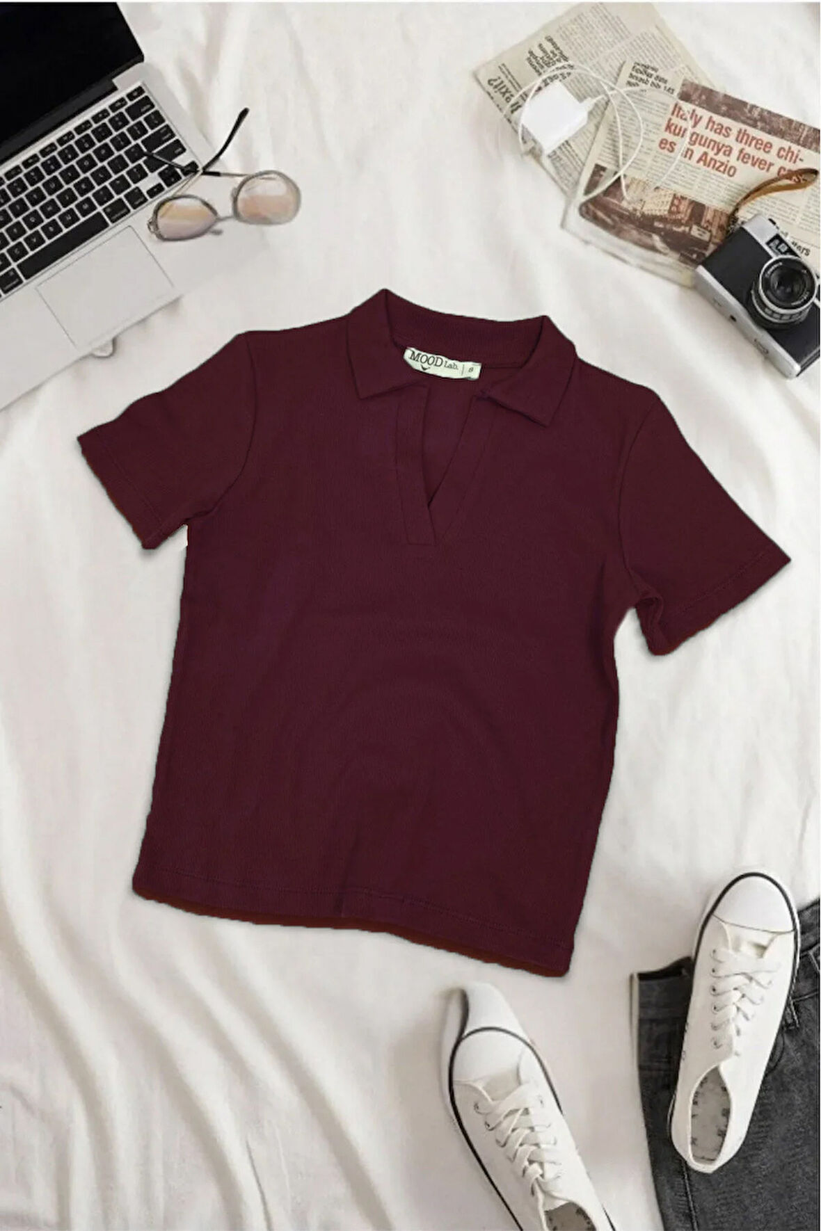 Kadın Bordo Polo Yaka Fitilli Kaşkorse Kısa Kollu Tişört