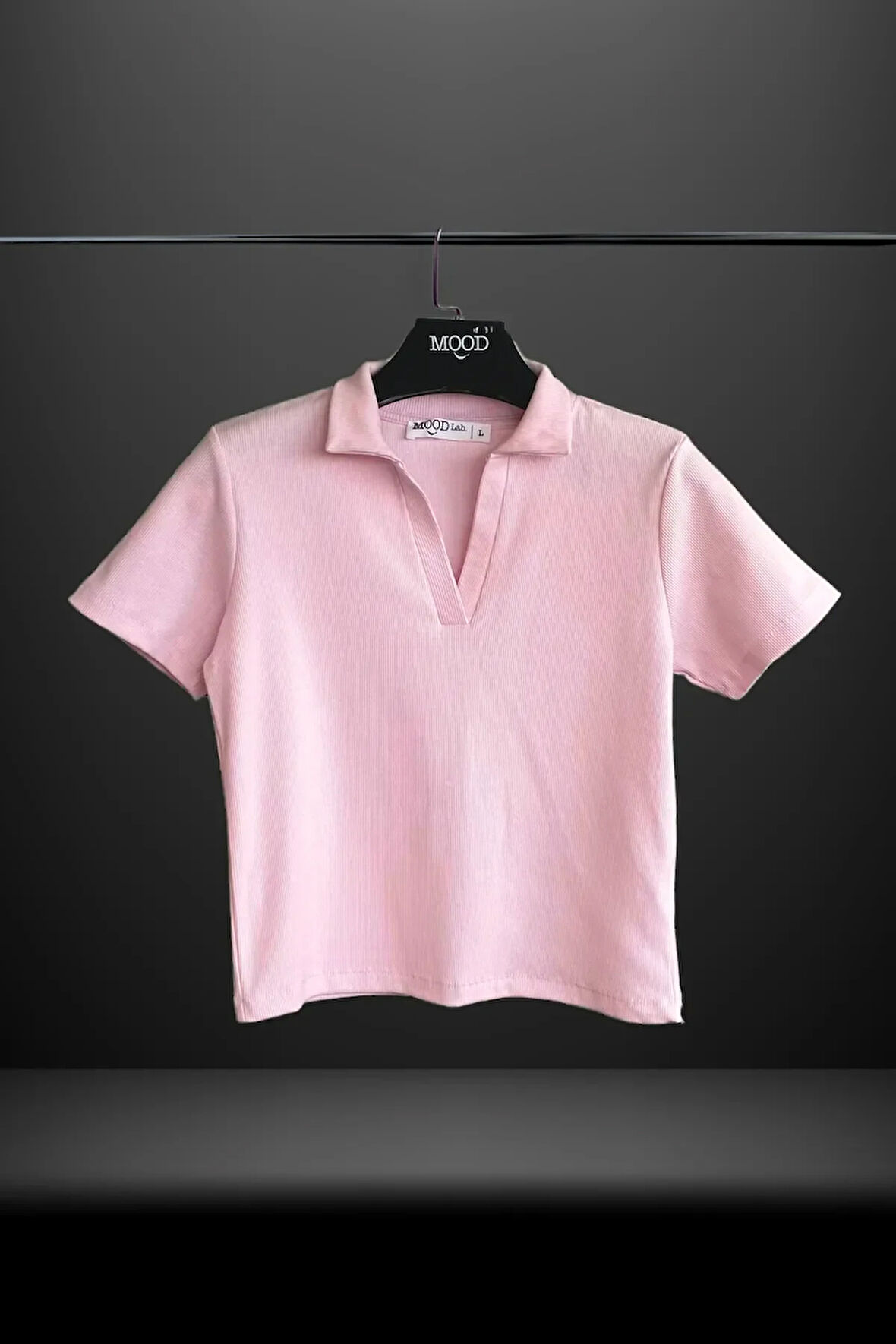 Kadın Açık Pembe Polo Yaka Fitilli Kaşkorse Kısa Kollu Tişört