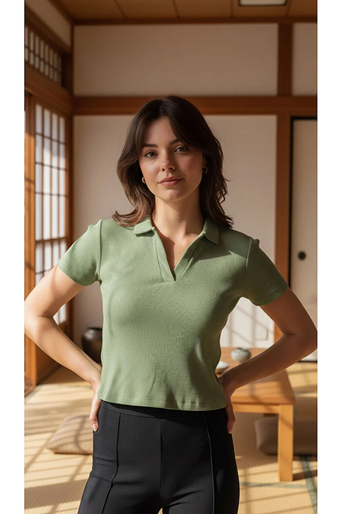 Kadın Polo Yaka Fitilli Kaşkorse Kısa Kollu Tişört