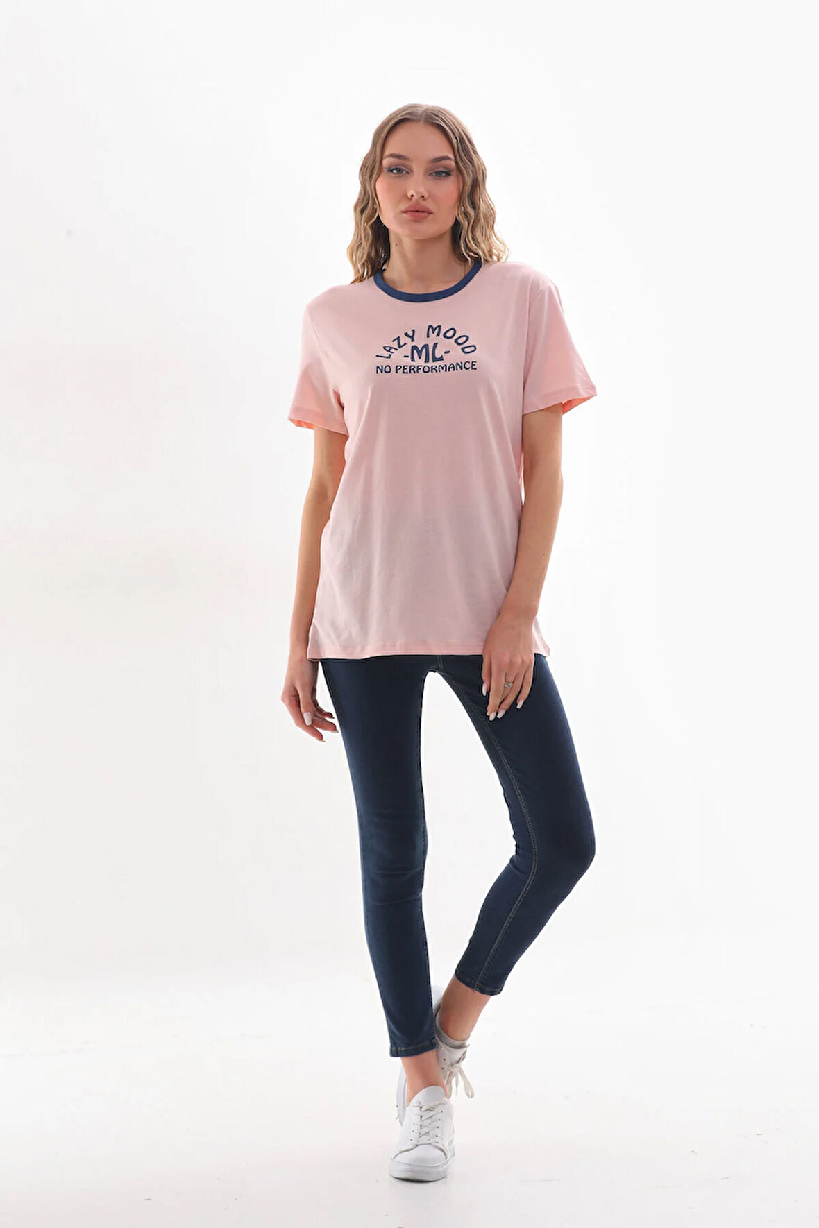 Kadın Bisiklet Yaka Slogan Baskılı Kontrast Biyeli T-shirt