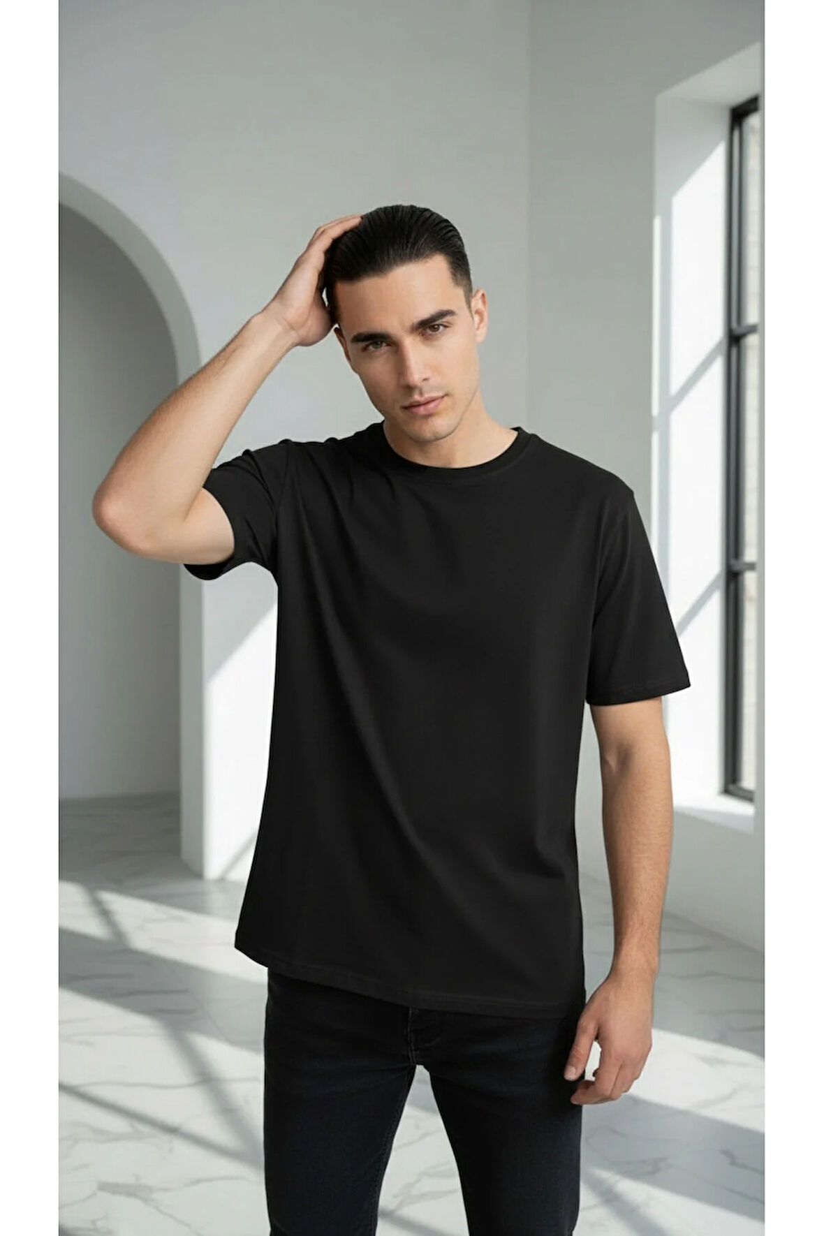 Unisex Düz %100 Pamuk Bisiklet Yaka Siyah Basic Tişört