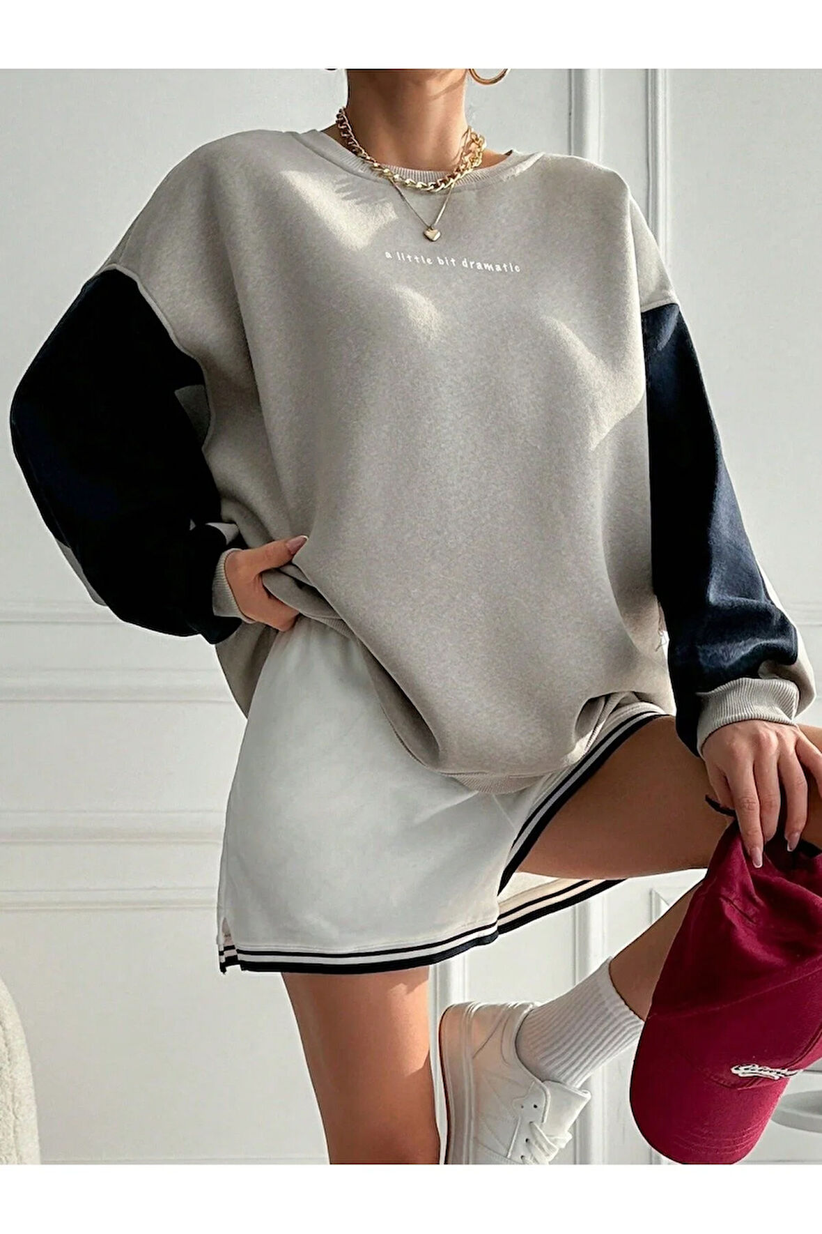 Rahat Kesim Slogan Baskılı Şardonlu Büyük Beden Sweatshirt