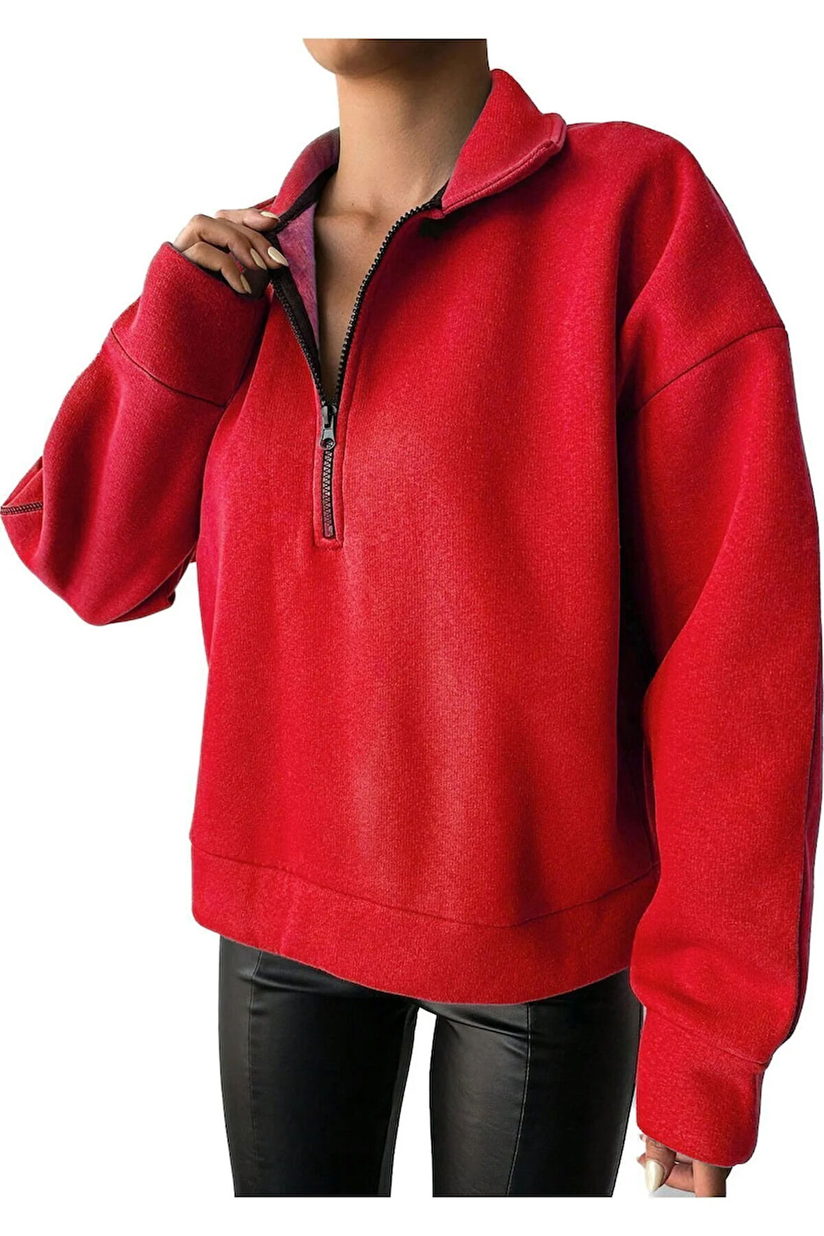 Kadın Kırmızı Polo Diik Yaka Yarım Fermuarlı Oversize 3 Iplik Şardonlu Sweatshirt