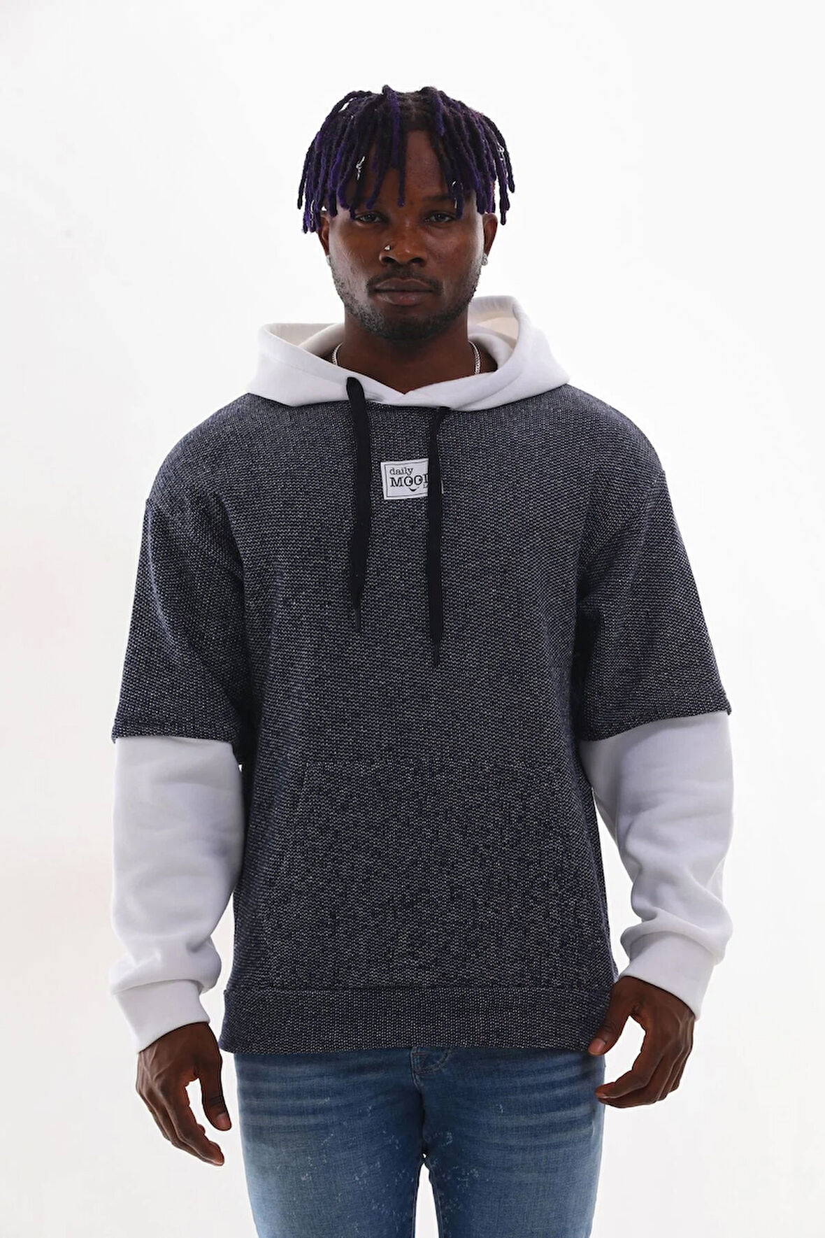 LACİVERT KIRÇILLI TRİKO GÖRÜNÜMLÜ ÖRME UNISEKS KAPŞONLU OVERSIZE SWEATSHIRT