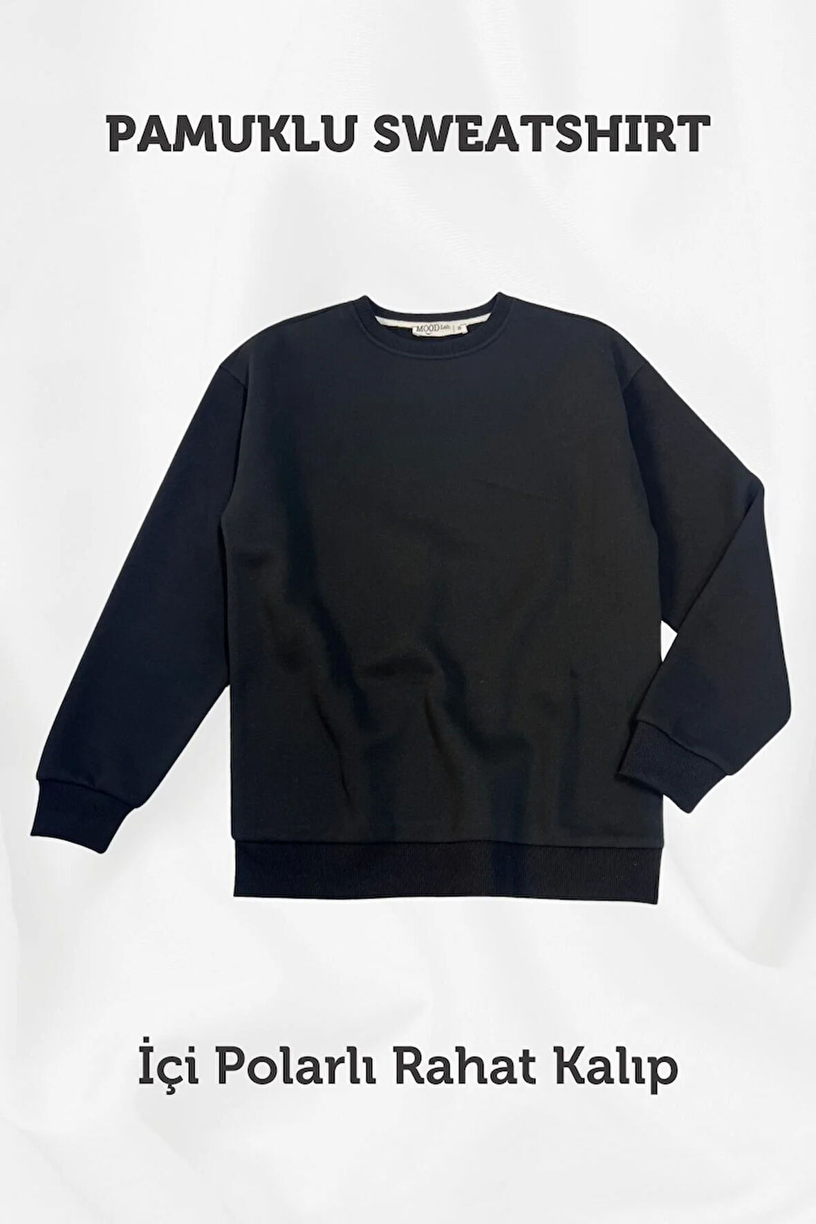 İçi Polarlı Sıcak Tutan Örme Organik Pamuk Regular Fit Siyah Sweatshirt