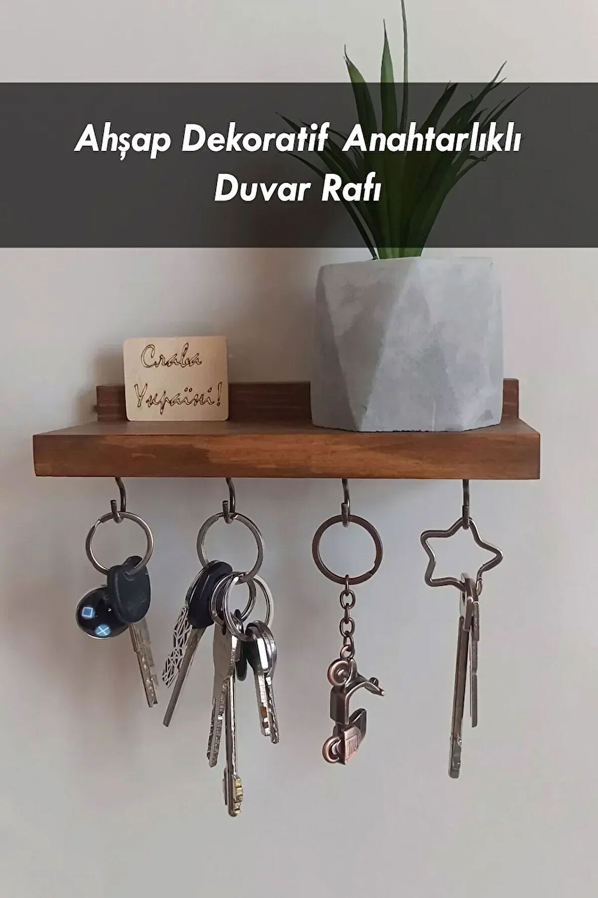 Anahtar Askısı, Ahşap Askılık, Duvar Rafı, 4 Kancalı Dekoratif Kupa Anahtarlık Askısı - 20 x 8 CM