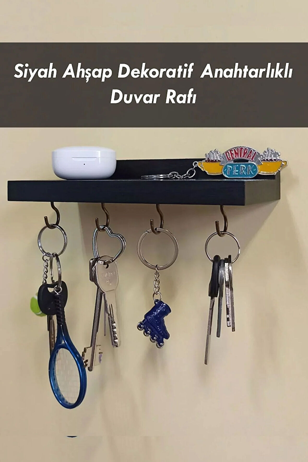 Siyah Anahtar Askısı, Ahşap Askılık, Duvar Rafı, 4 Kancalı Siyah Anahtarlık Askısı - 20 x 8 CM